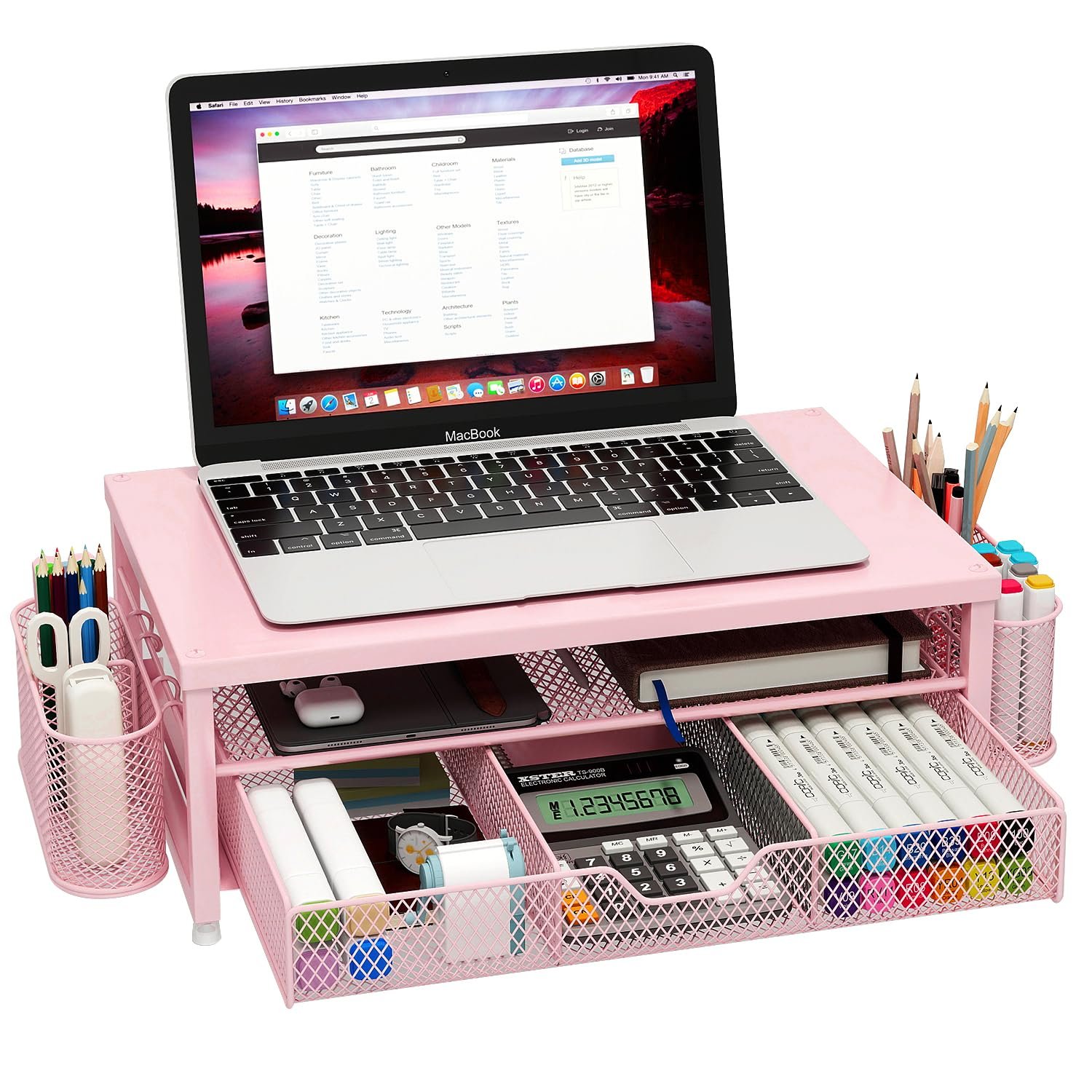Monitor Stand Riser Metal, Office Desk riser with shelf Organizer, Office Organization ,Desk Organizer with Drawer and Pen Holder, 2-Tier Computer Stand, for iMac, PS4, PC, Printer, Notebook (Pink)