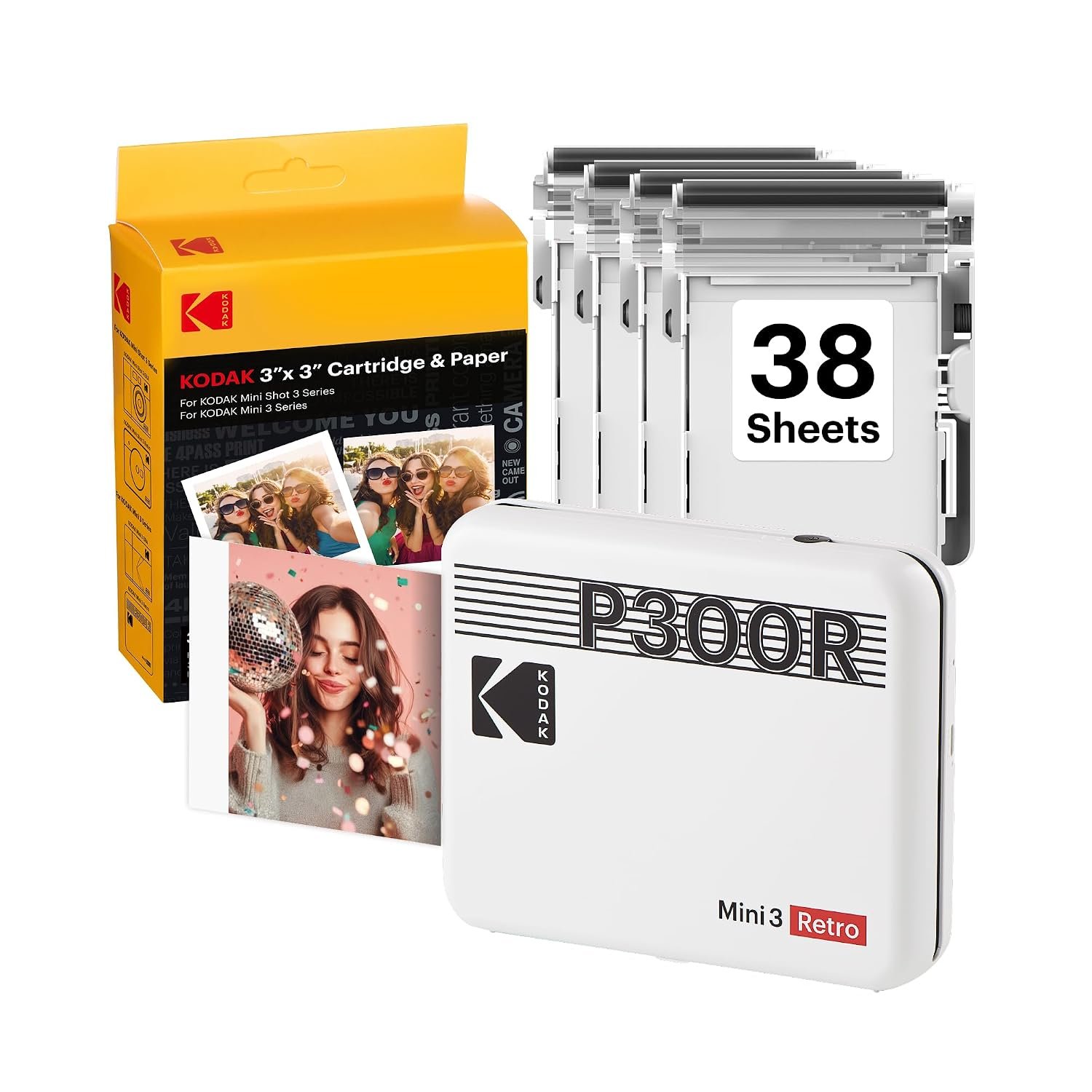 KODAK Mini 3 Retro 3x3'' Portable Photo Printer, 38 Sheets, Bluetooth Smartphone Printer for iOS & Android, Instant Color Prints, 4PASS Dye Sublimation, White