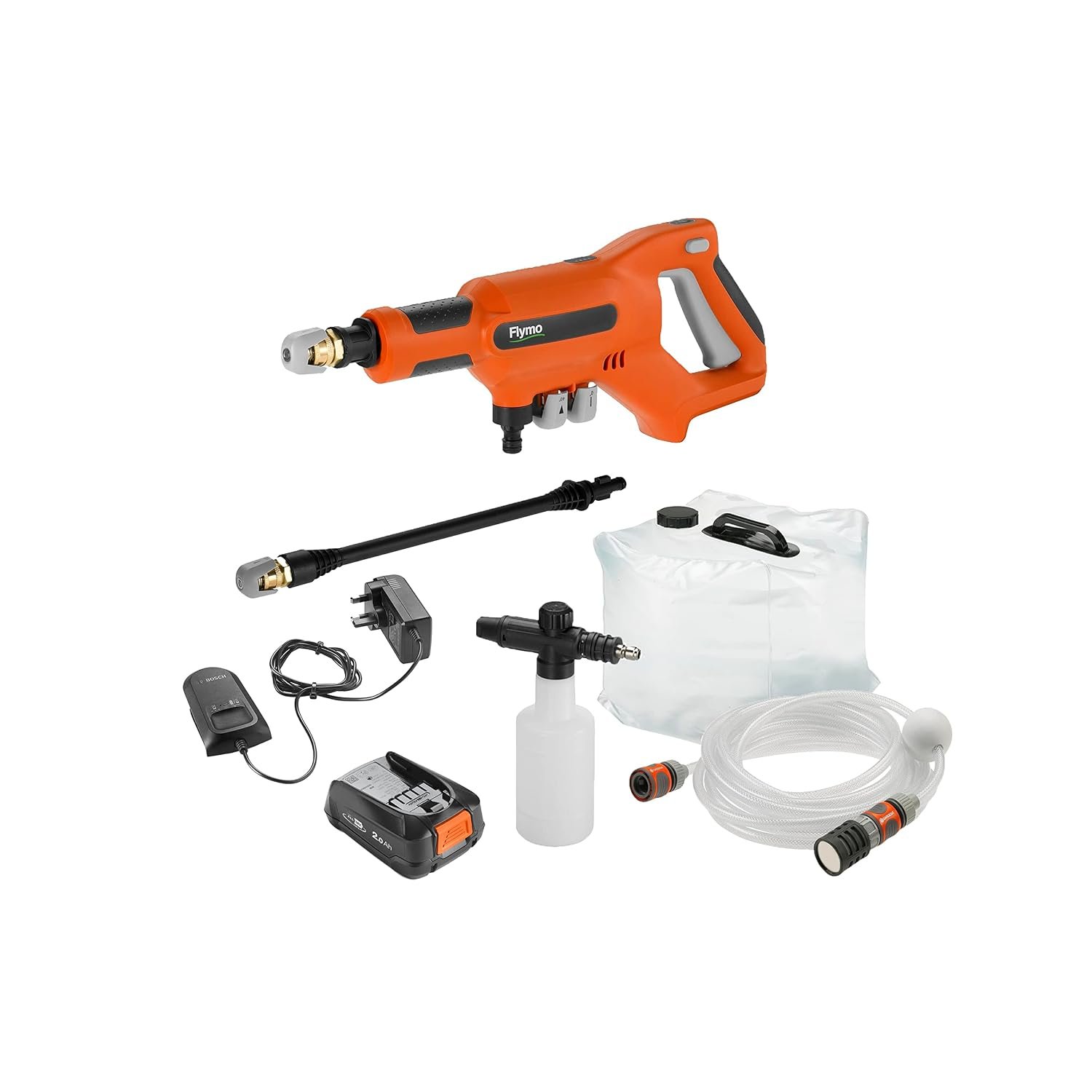 Flymo EasiClean Li Plus Portable Pressure Cleaner - 18V Battery with Charger, 200l/h Flow Rate, 6m Hose Length, 3 Nozzle Attachments, Foam Dispenser, 20L Collapsible Water Tank