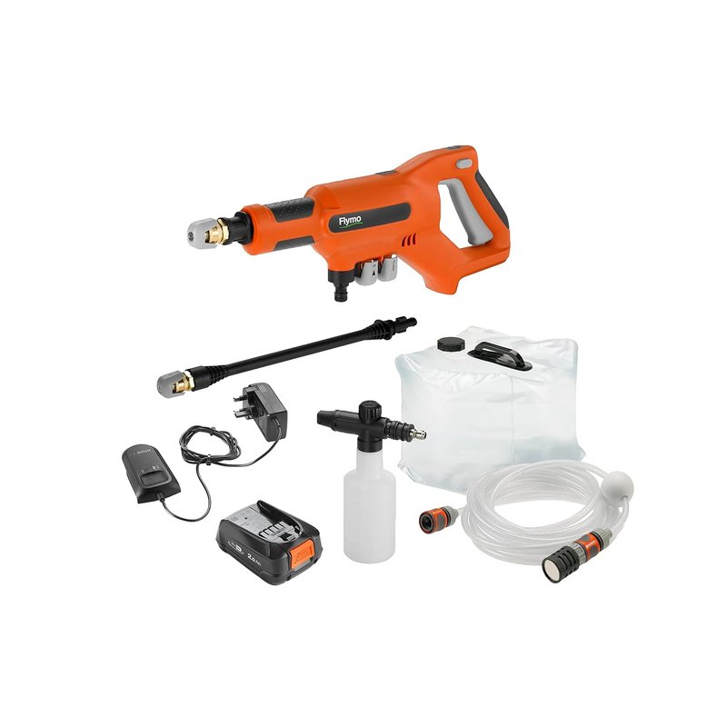 Flymo EasiClean Li Plus Portable Pressure Cleaner - 18V Battery with Charger, 200l/h Flow Rate, 6m Hose Length, 3 Nozzle Attachments, Foam Dispenser, 20L Collapsible Water Tank