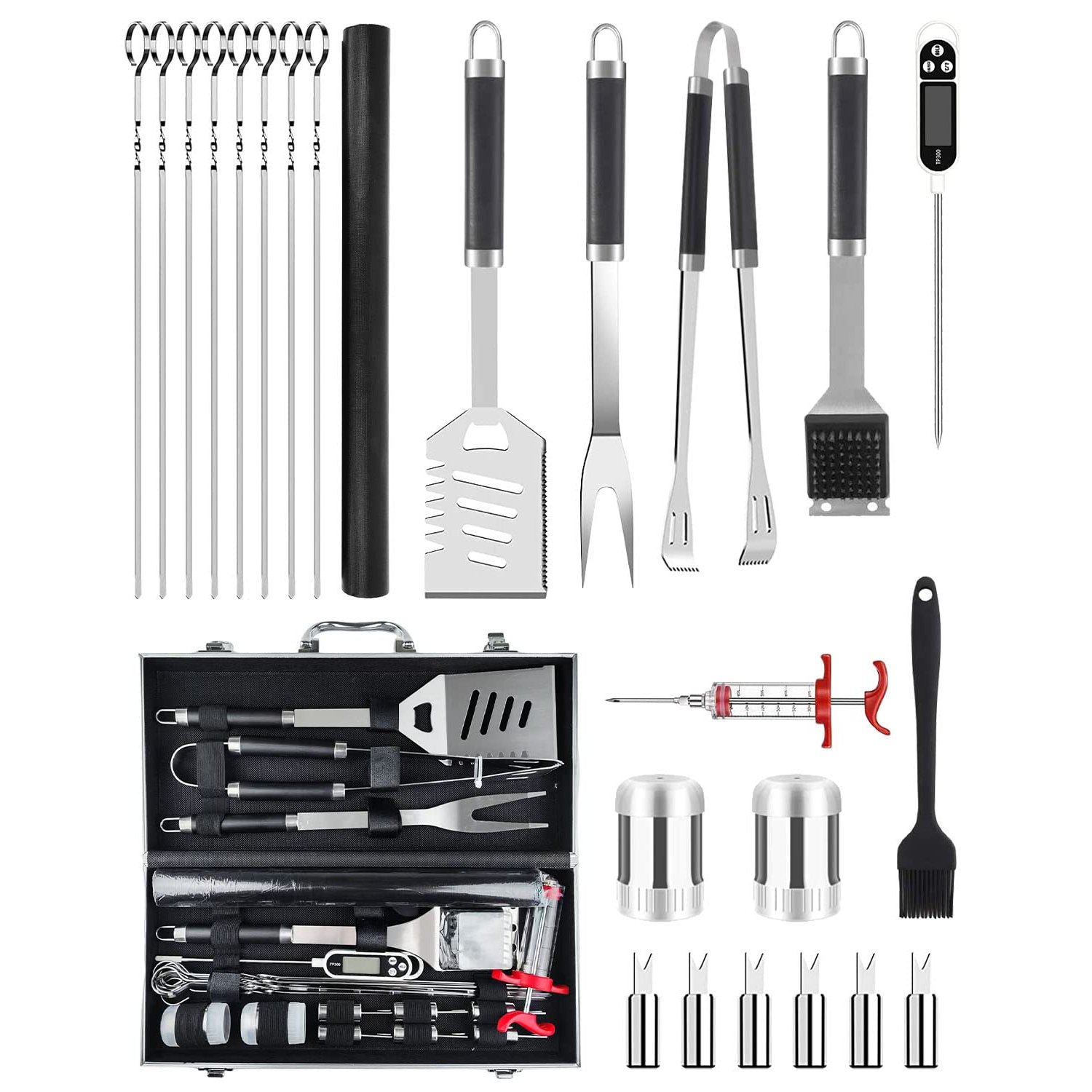Trongle BBQ Tools Set, 26pcs Stainless Steel bbq set BBQ Accessories Set With Heat Resistant Handle, Case, BBQ Grill Mats, Premium Camping BBQ Utensil Set, Set Man Woman, Father's Day, Black (JOF-I4)