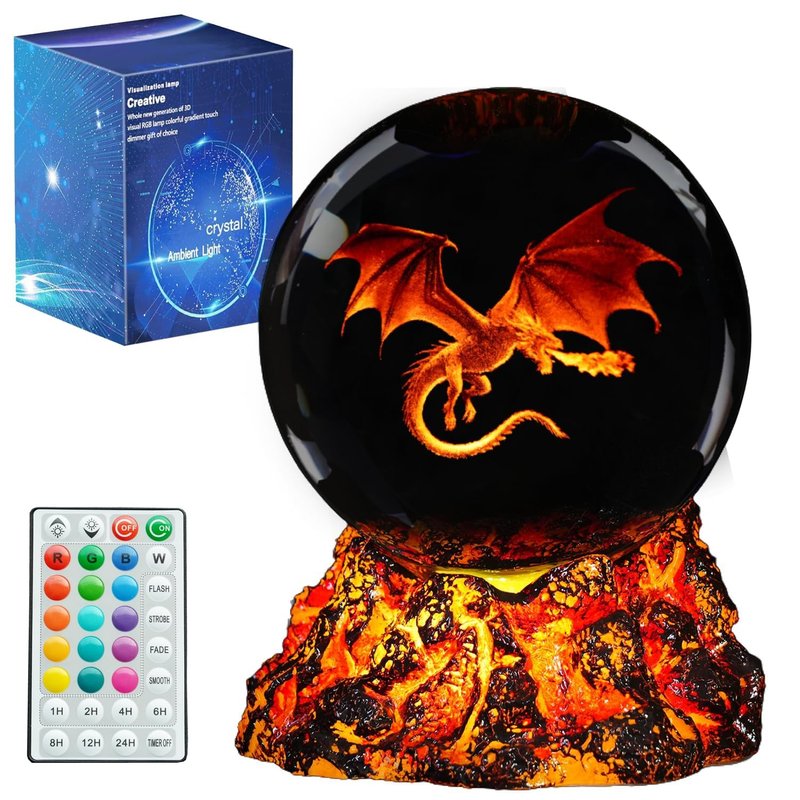 Dragon Night Light, 3.15 Inch (80mm) K9 Crystal Upgraded Volcanic Lava Base 3D Lamp with Remote 16 Color for Birthday Xmas Cool Figurines Dragon Gifts for Room Decor Boys Girls