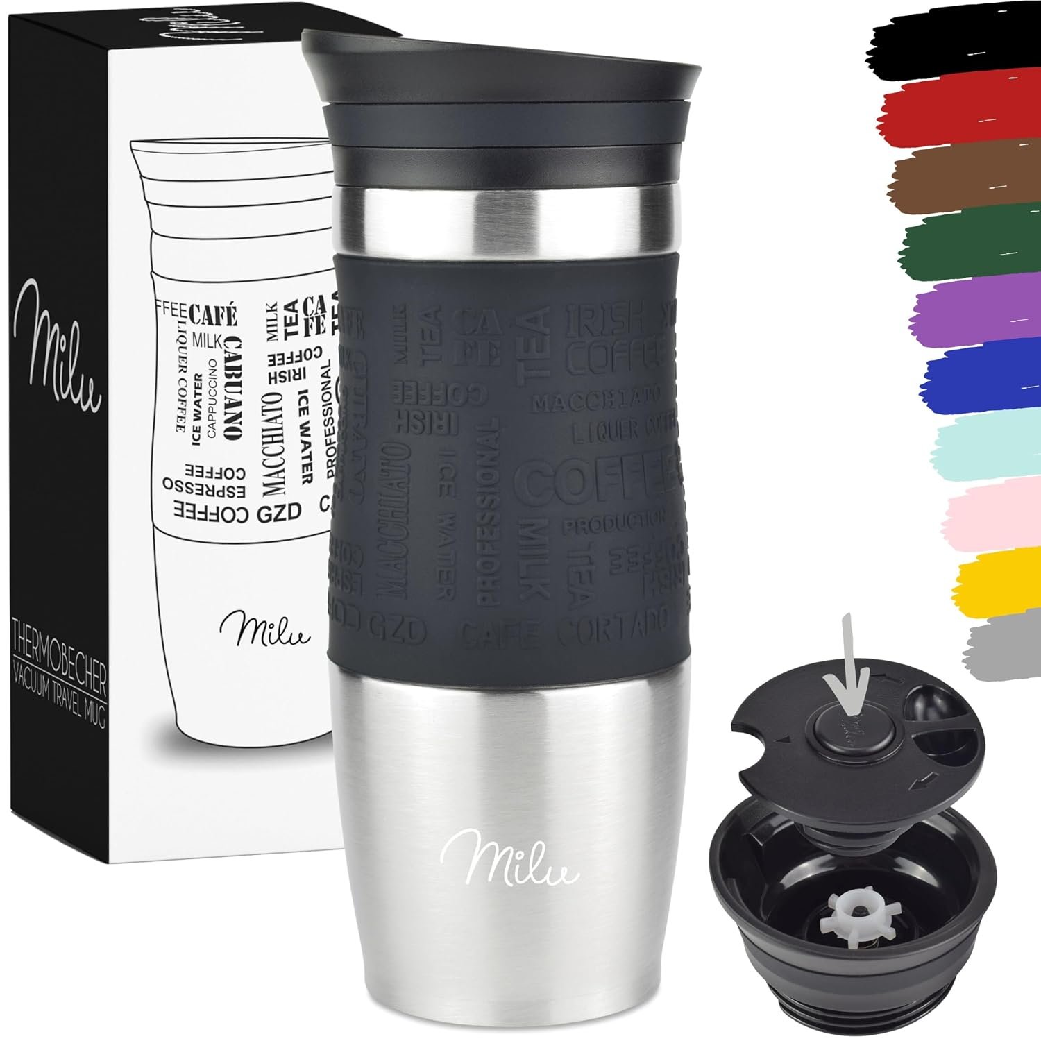 Milu Travel Mug 370ml 450ml - Insulated Coffee Cup to go - 100% Leak Proof - Stainless Steel Drinking Mug - Car Mug Double Wall Insulation Thermo Coffee Flask (Black, 370ml)