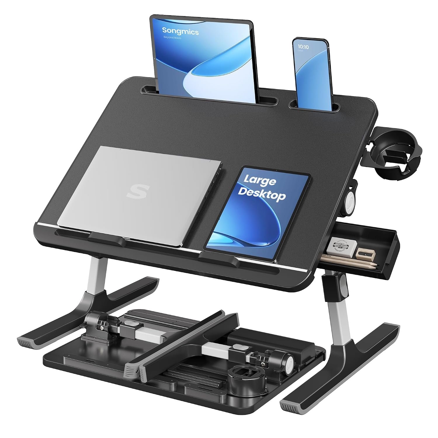SONGMICS Laptop Table, Bed Table, Laptop Stand, 56 x 40 cm Table Top, 120° Infinitely Adjustable, Height Adjustable, with Cup Holder, Drawer, Portable, Ink Black LLD113BC01