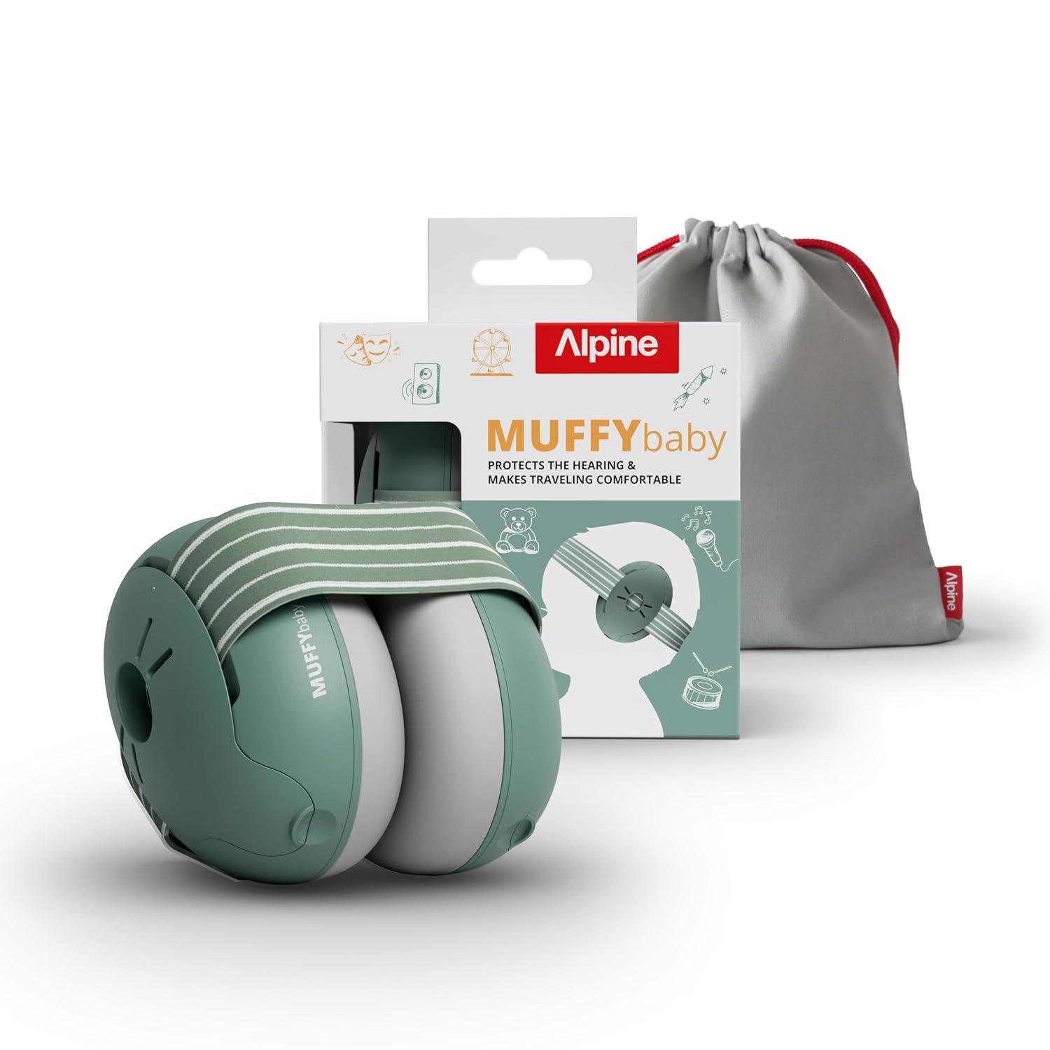 Alpine Muffy Baby Ear Defender for Babies and Toddlers up to 48 Months - CE & UKCA Certified - Noise Reduction Earmuffs - Comfortable Baby Headphones Against Hearing Damage & Improves Sleep - Sage