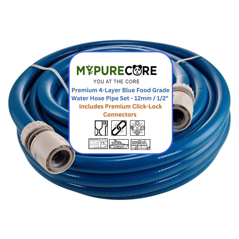 MYPURECORE Blue 12mm 1/2" Cold Water Hose Pipe – Premium Food Grade Drinking Water Hose with Connectors – Flexible PVC Tubing for Caravan, Motorhome, Campervan, Boat & Garden – Non-Toxic & Safe (10m)