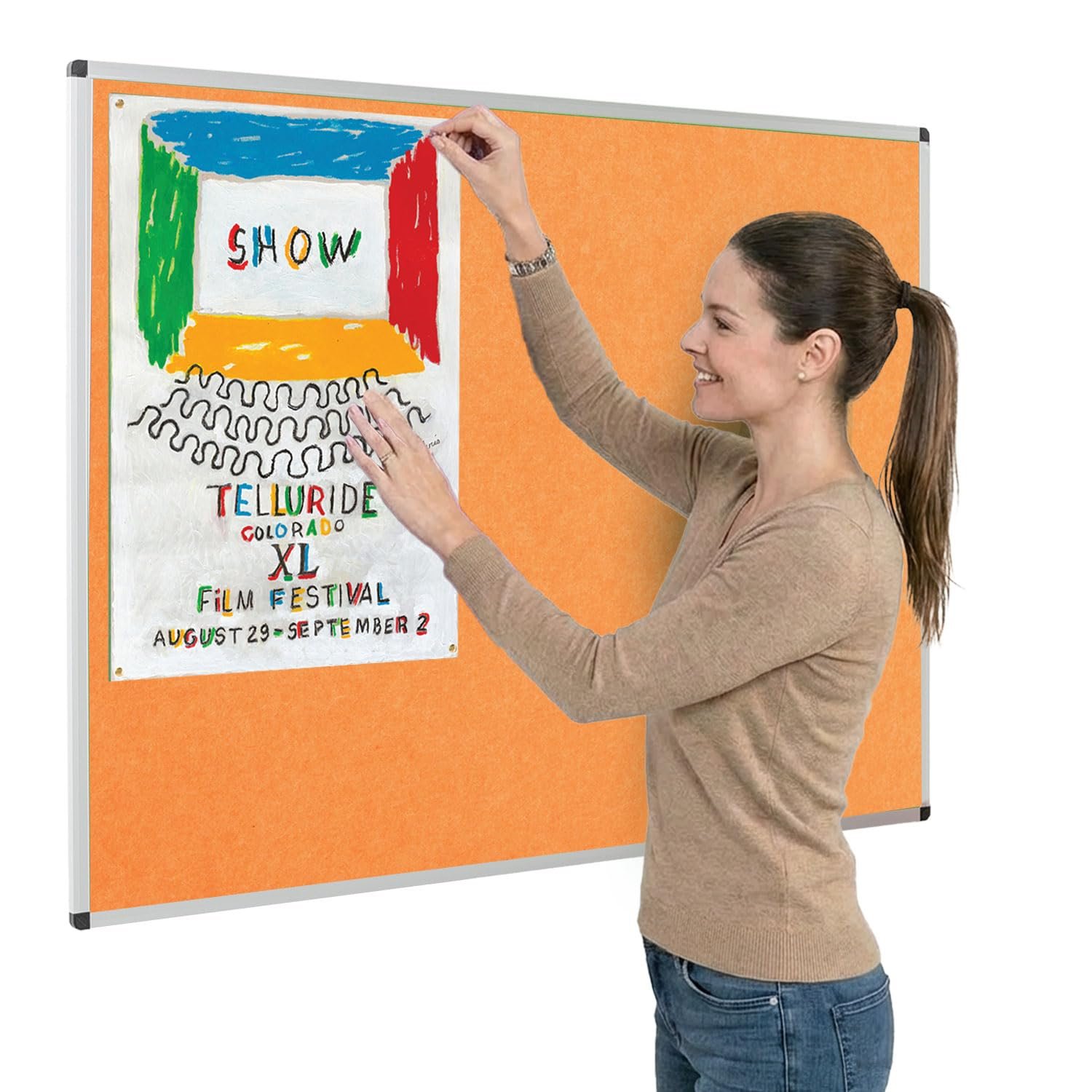 Metroplan Fire-Retardant Aluminium Frame Noticeboard, 120 x 90 cm, Orange Pinboard, Wall-Mounted, 12 Colour Pinboard Options - Ideal for Office, Classroom, Notice Displays