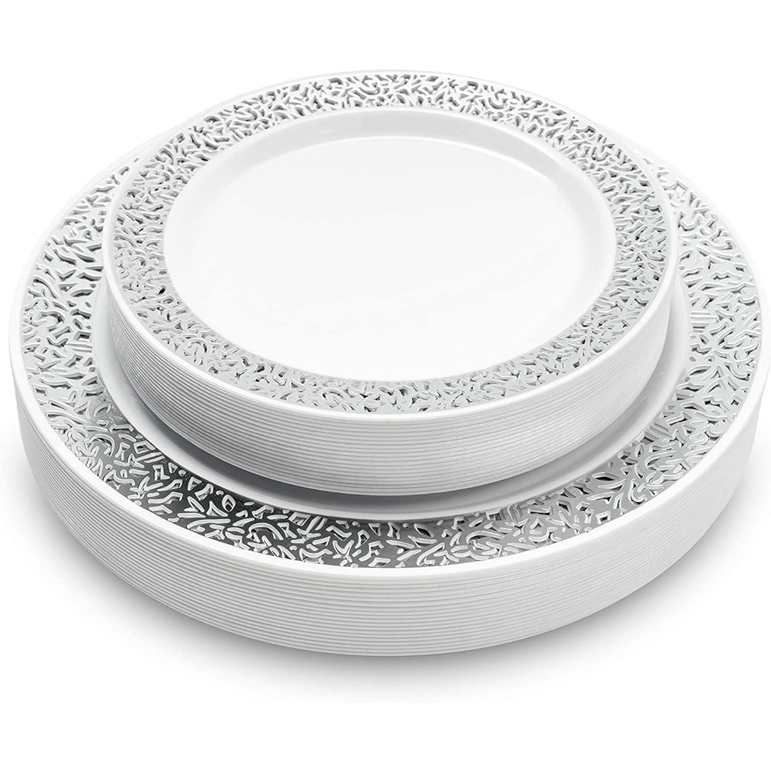 MATANA 40 Premium White Plastic Plates with Silver Lace Rim - 20 Dinner and 20 Dessert Plates - Elegant & Reusable Party Tableware for Weddings, Birthdays, Picnic, Parties