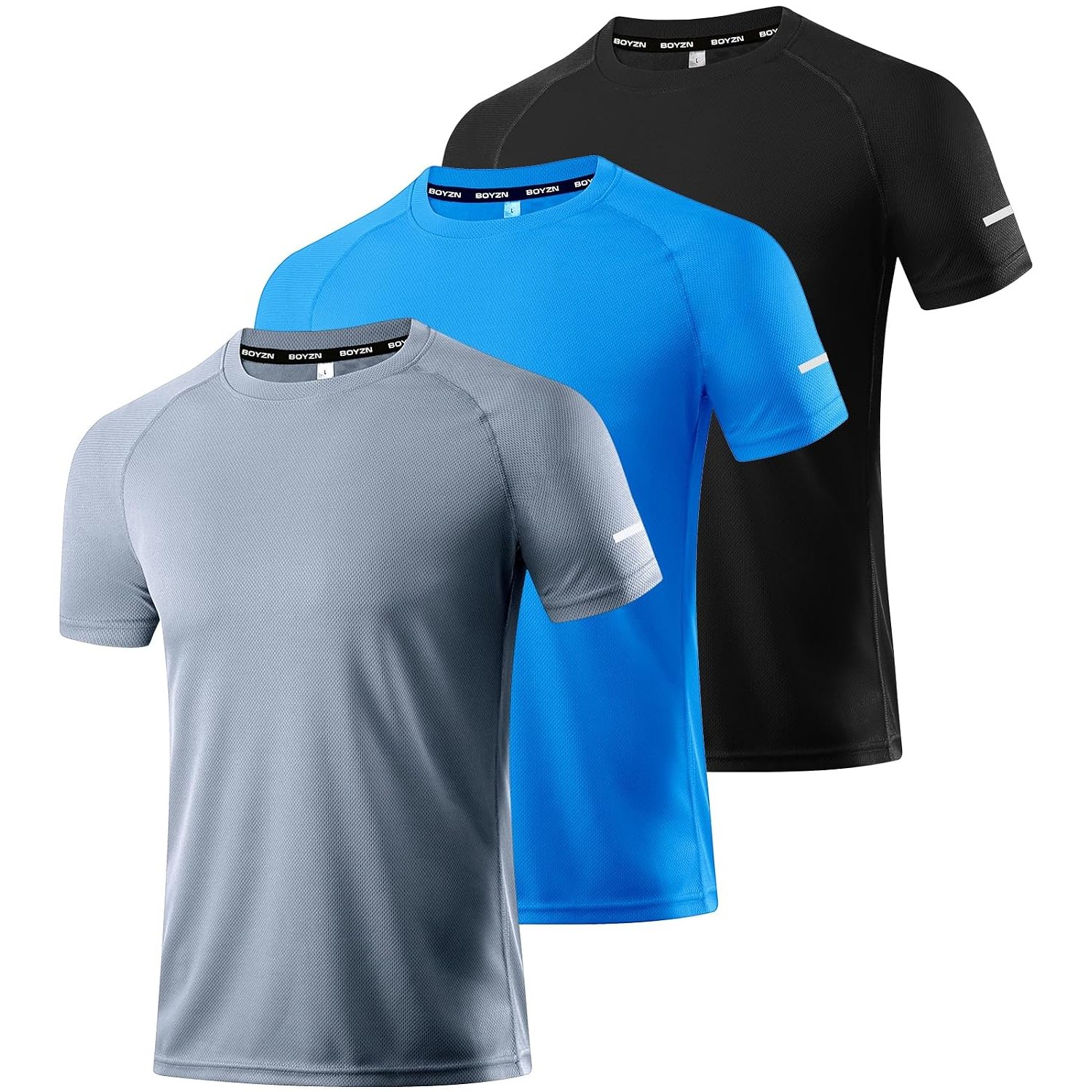 Boyzn 3 Pack Running Shirts for Men, Active Quick Dry Crew Neck Sports Mesh Moisture Wicking T-Shirts for Men's Workout Athletic Gym - Black/Gray/Blue-3P02-M