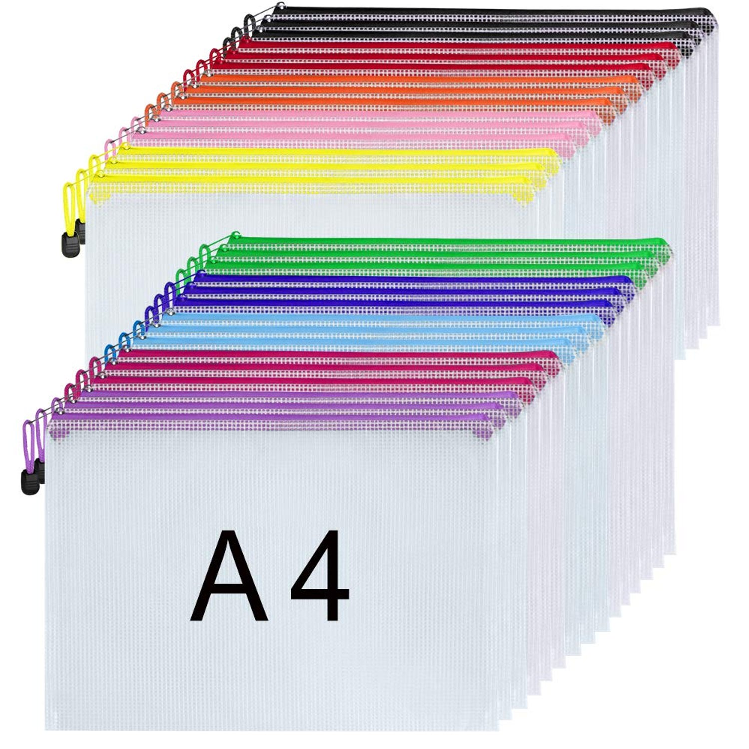 Plastic Wallets - 30PCS A4 Zip Wallets Zip Lock Bags Waterproof Plastic Folders Ziplock Bags Mesh Zipper Pouch Bags for School Office Home and Travel Storage - 10 Colours