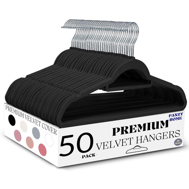 50 Velvet Hangers Non-Slip Clothes Coat Hangers Coat with Tie Bar and 360° Swivel Hook Space-Saving 0.6 cm Thick 45 cm Long, for Dresses Trousers(50 Pack Black)