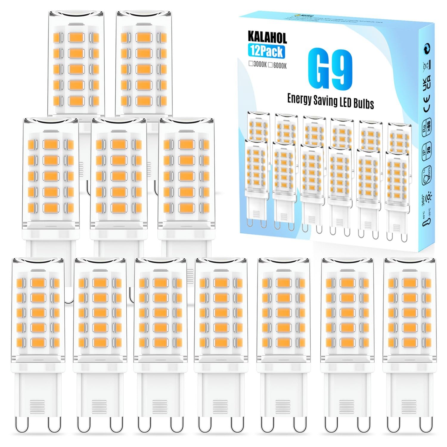 KALAHOL 12 Pack G9 LED Bulbs Warm White, 4W, 3000K, No Flicker, Equivalent to 40W Halogen, 400LM, Non-Dimmable, Energy Saving G9 LED Light Bulbs for Decoration, Office, Home Lighting Decor and More
