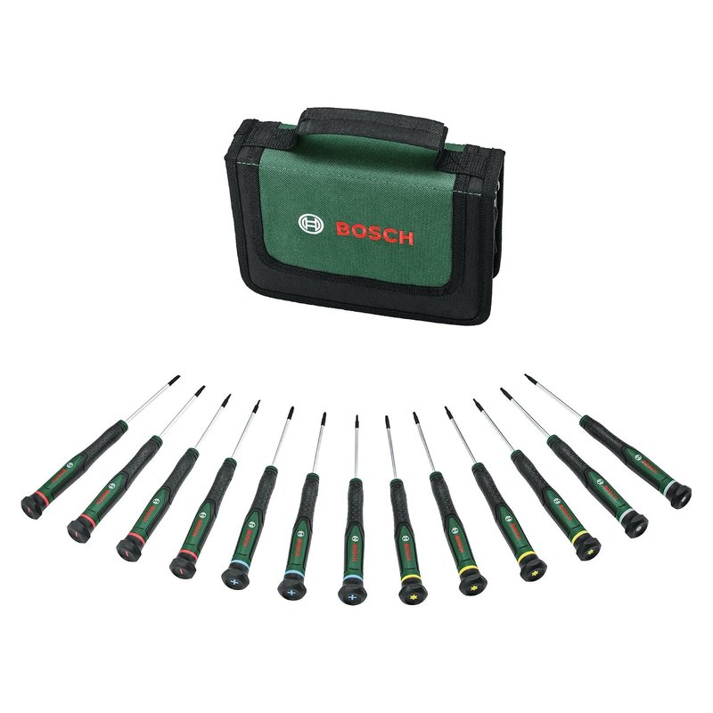 Bosch Precision Screwdriver Set 13-Piece (Extra-Hard S2 Steel Screwdrivers for DIY, Modelling and Handycraft; Precise and Magnetic Tip; PH/TX/HEX/SL; Colour-Coded Size; Softgrip)