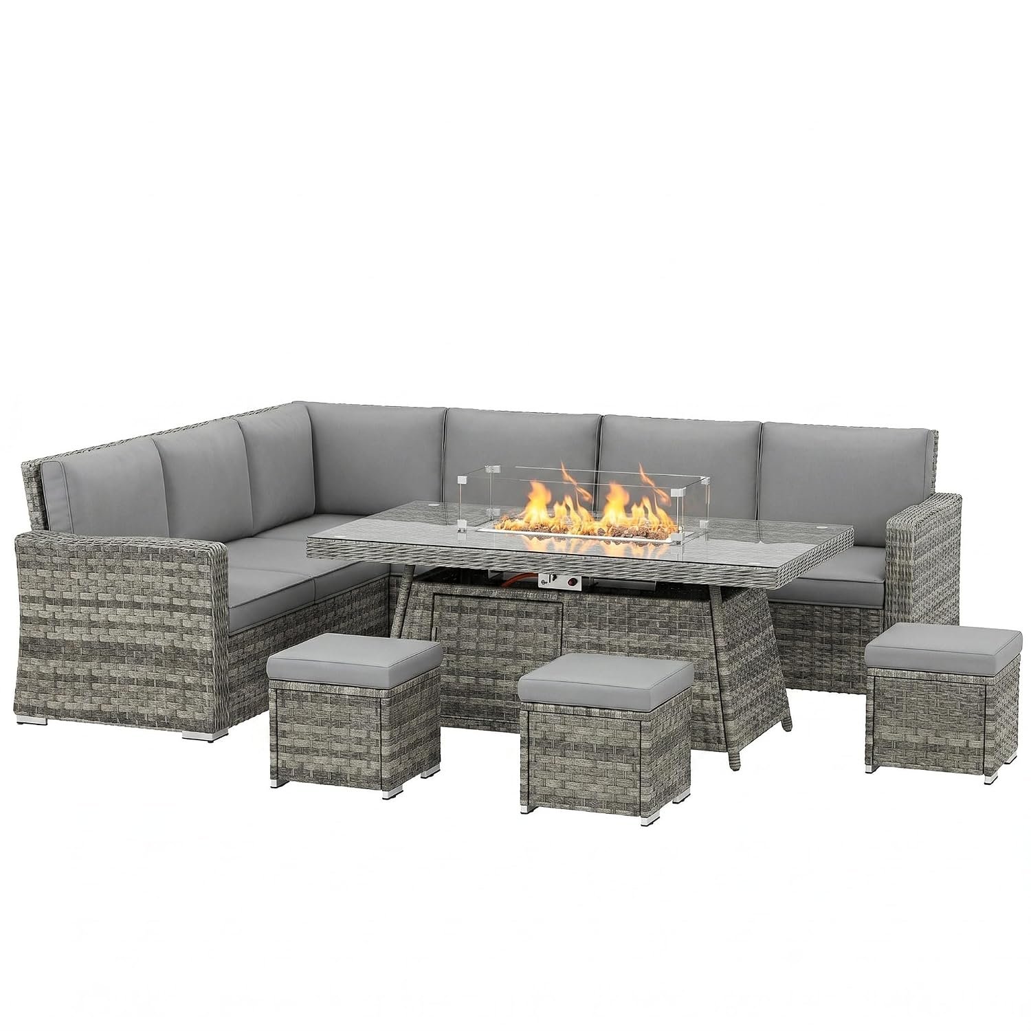 Outsunny 9 Seater Rattan Garden Furniture with Fire Pit Table, 50000 BTU, Garden Corner Sofa Set with 3 Loveseats, 3 Footstools, 7 Piece Outdoor Furniture Conservatory Set with Cushions, Mixed Grey