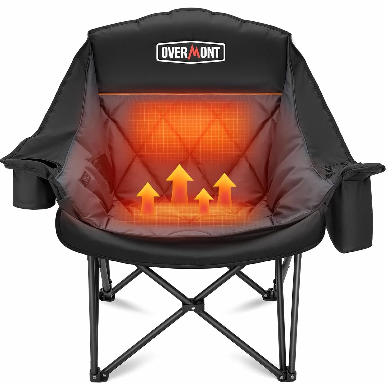 OVERMONT Oversized XL Heating Camping Folding Chair for Adults - 450lbs Support Heavy-Duty Padded Folding Chair with Side Pocket Cup Holder for Outdoor Sports Garden Beach Fishing Lawn Black