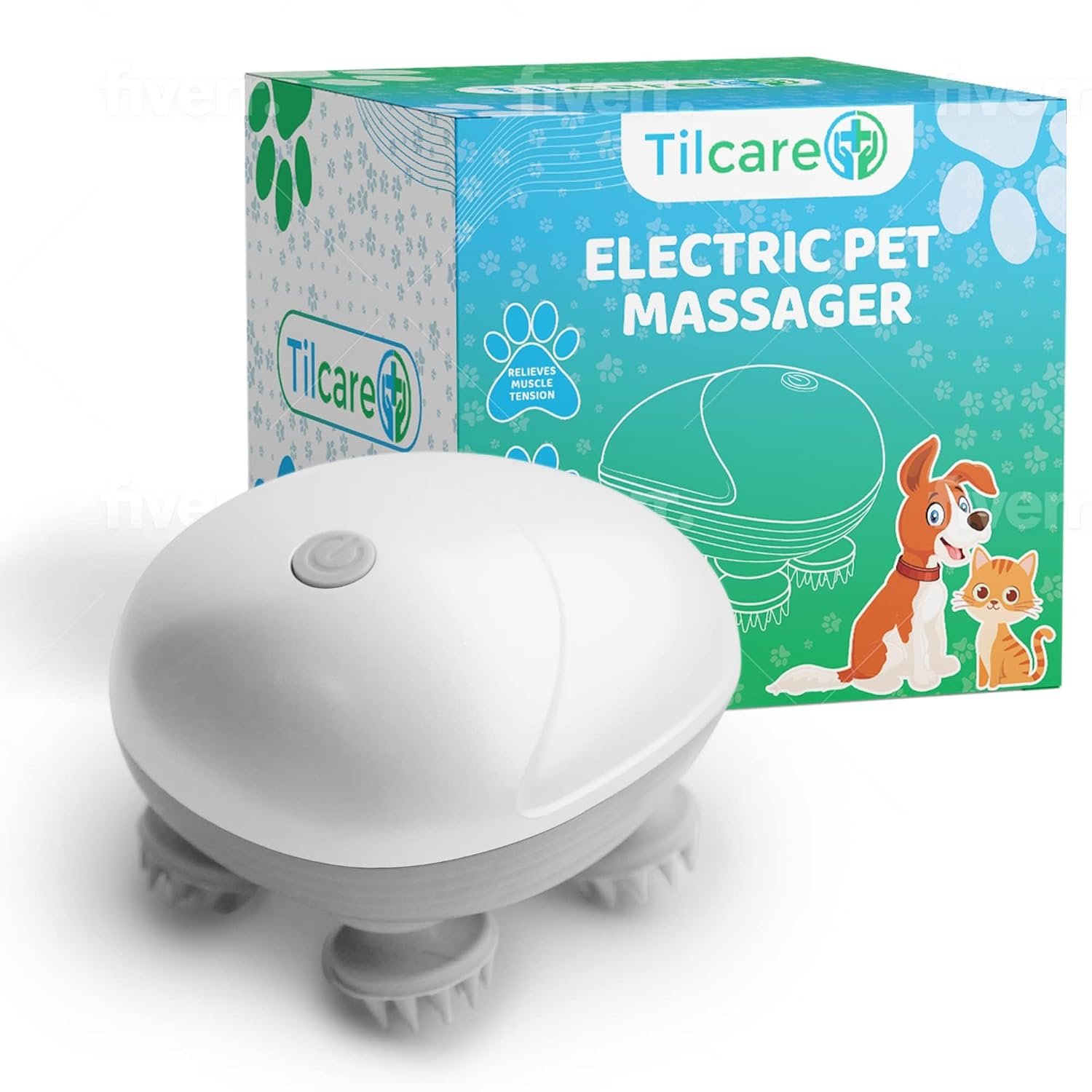 Handheld Pet Massager for Dogs and Cats by Tilcare - Electric Massage Tool - Head and Back Scratcher for Relieving Tension with Four Rotating Massage Heads