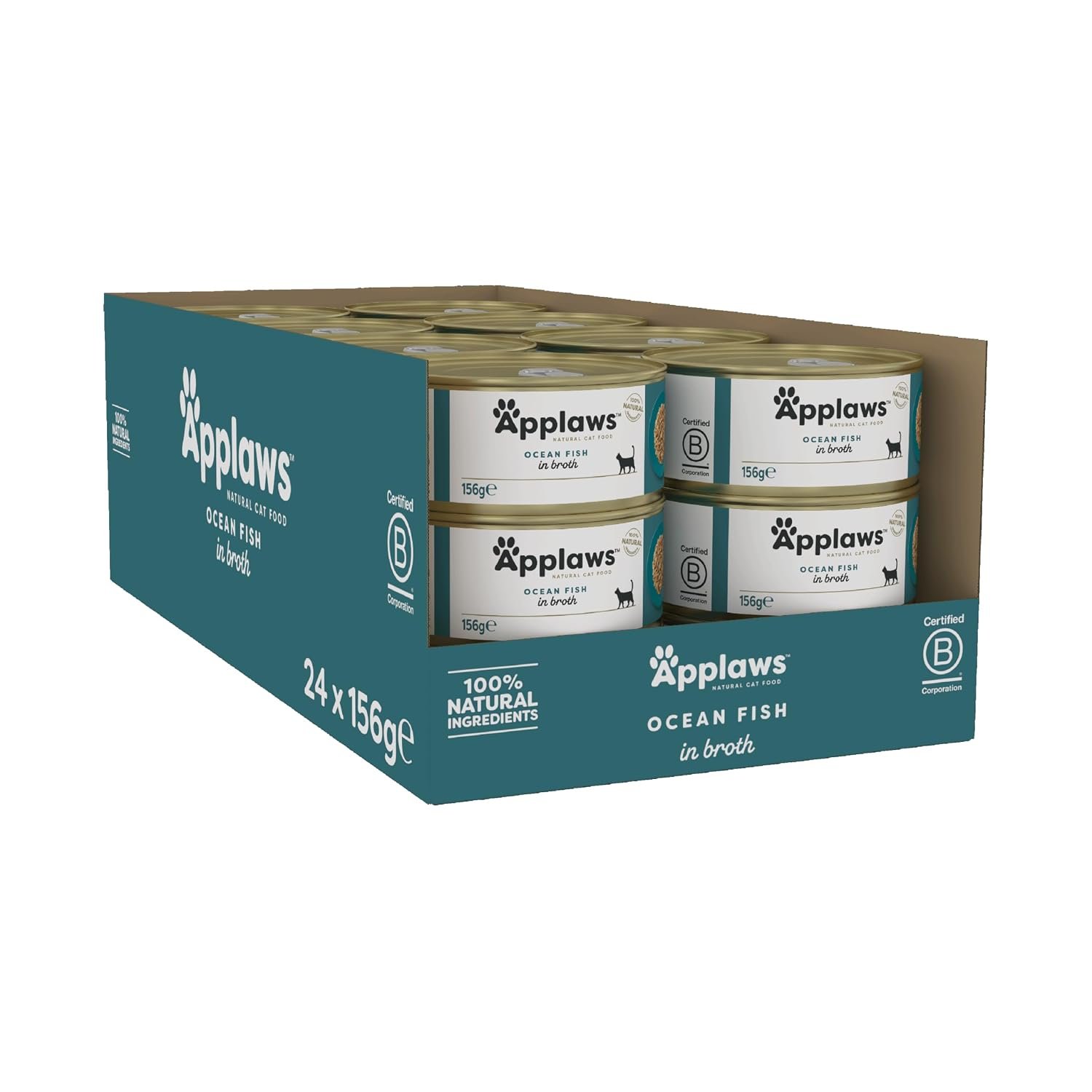 Applaws 100% Natural Wet Cat Food, Ocen Fish Mackerel and Tuna Fillet in Broth for Adult Cats (Pack of 24 x 156g Tins)