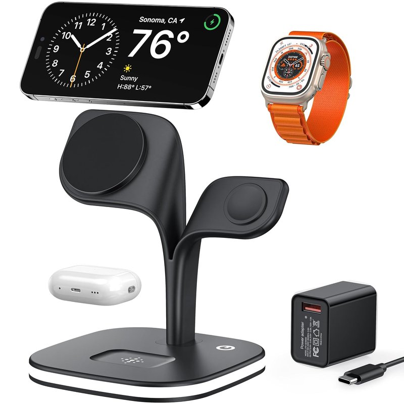 EXW Magnetic Wireless Charger,3 in 1 MagSafe Wireless Charging Station Compatible with iPhone 17/Air/16/15/14/13/12, for Apple Watch and AirPods 3/2/ Pro (with Adapter)