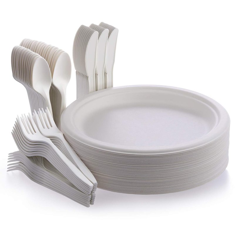 Fuyit 200pcs Disposable Tableware Set, Compostable and Biodegradable Sugarcane Bagasse Eco-Friendly Dinnerware Kits Includes Paper Plates, Forks, Knives and Spoons for Party, Camping, Picnic