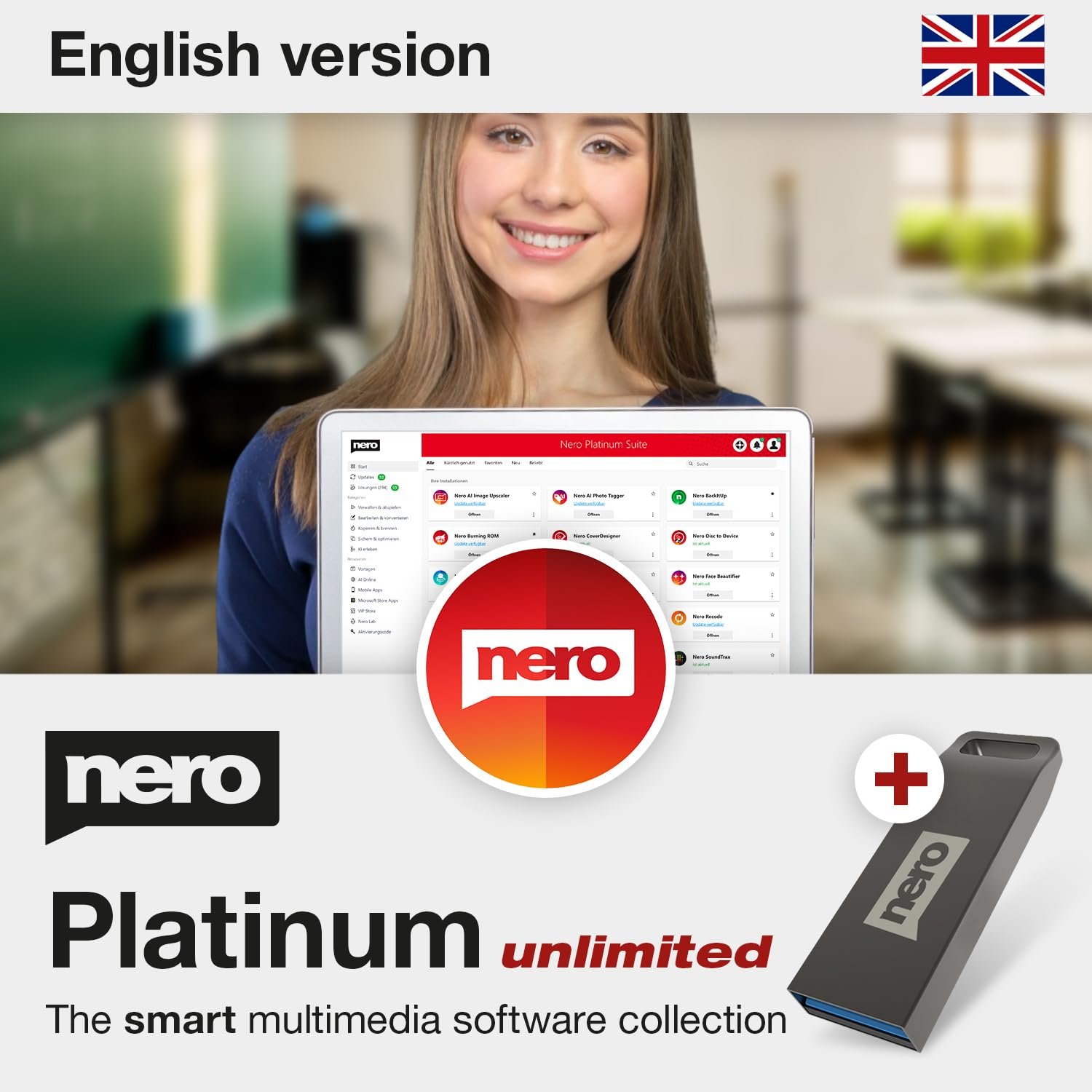 Nero Platinum Unlimited | Multimedia Suite on USB Stick | Video Editing 4K/8K | Photo AI | Media Convert & Burn | Music & Backup Tools | PC Optimisation | Lifetime License | 1 PC | Windows 11/10/8/7