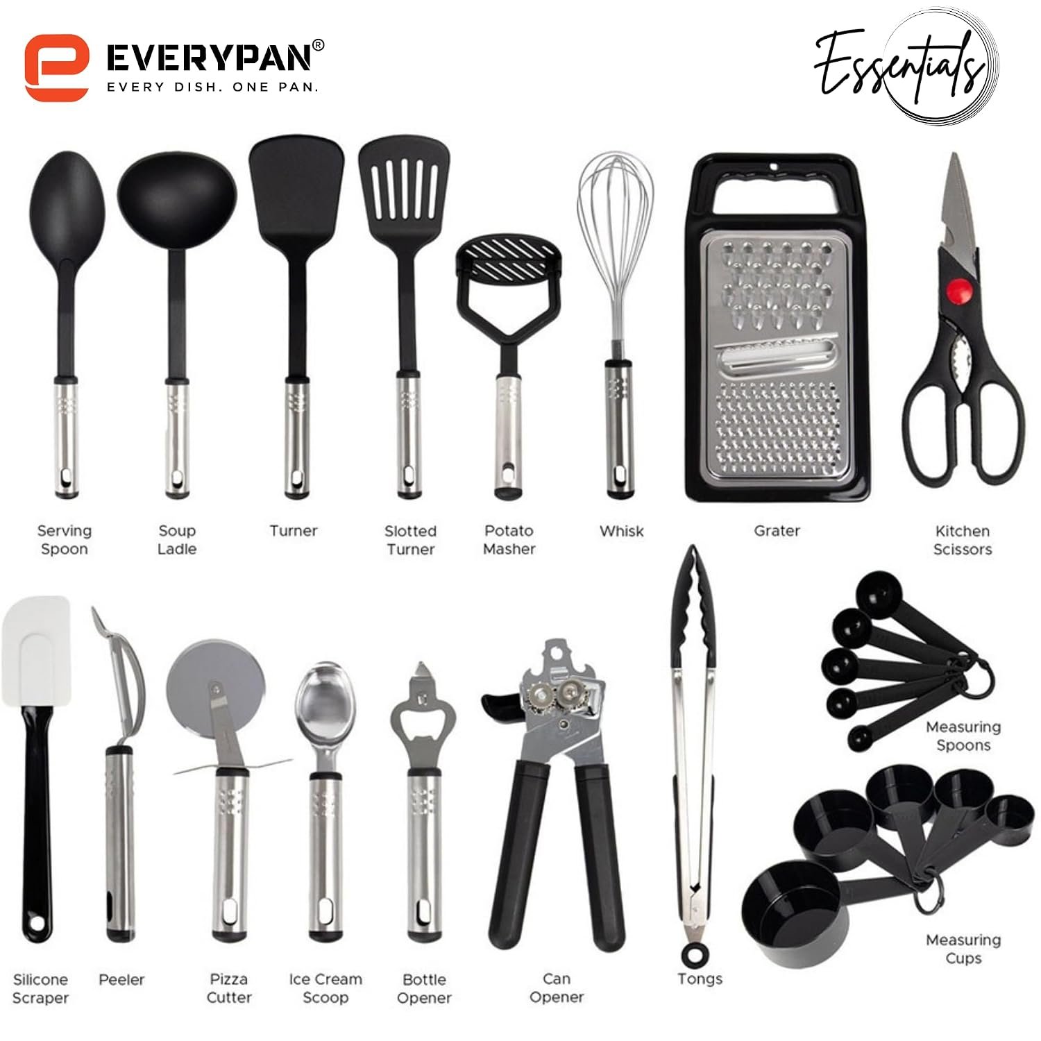 Everypan Essential Kitchen Utensils Set - 25pieces Non-Stick Heat Resistant Cooking Utensils Set - Spoons Turners Spatula Ladle Set - Kitchen Tools Gadgets Accessories