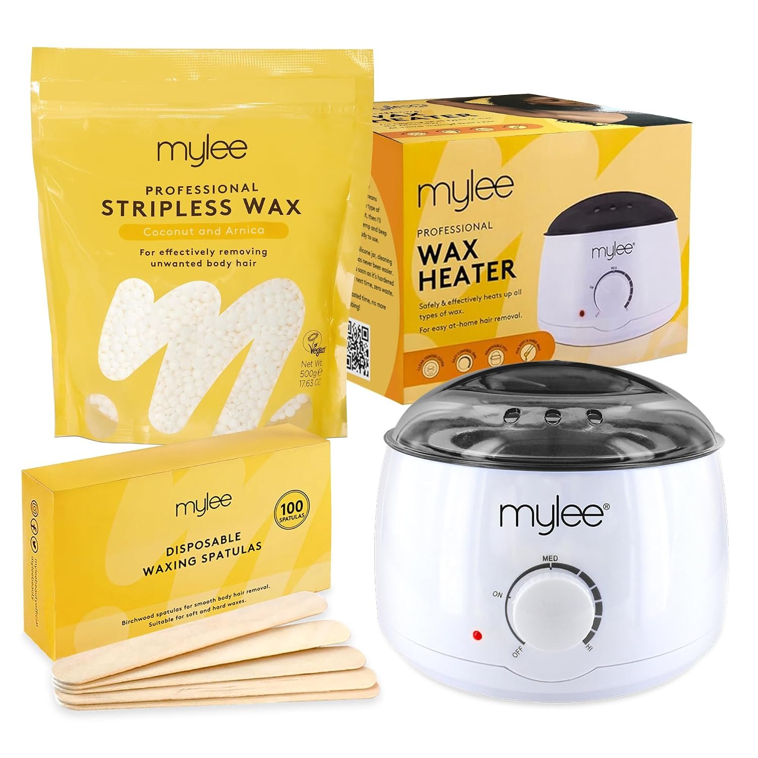 Mylee Professional Waxing Kit for Women & Men – Electric Wax Pot Heater, 100 Spatulas & 500g Premium Italian Stripless Hard Wax Beads – Complete Hair Removal Set (Coconut & Arnica)