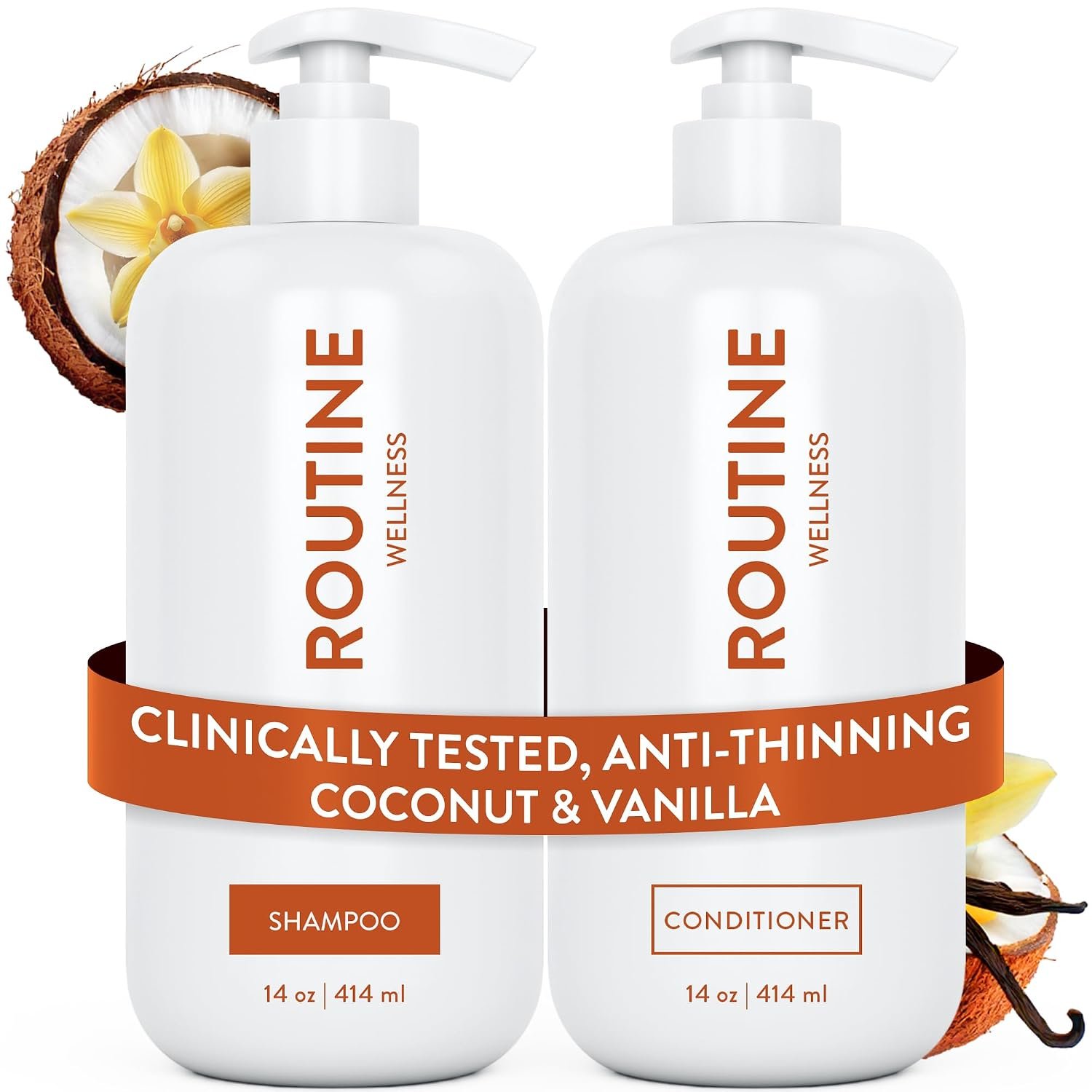 Routine Wellness Anti-Thinning Shampoo and Conditioner Set for Thinning Hair - Volumizing, Color Safe Shampoo for Hair Loss & Healthier Hair - Coconut & Vanilla Set