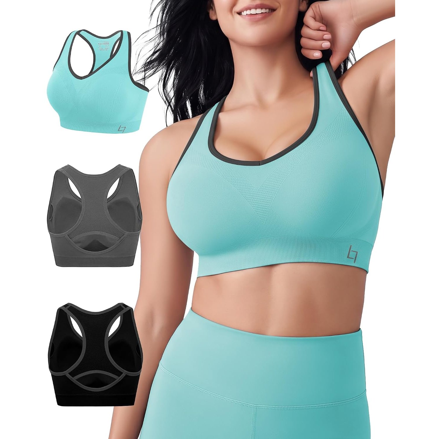 FITTIN Racerback Sports Bras 3 Pack - Padded Seamless High Impact Support for Yoga Gym Workout Fitness - Pack of 3 - M