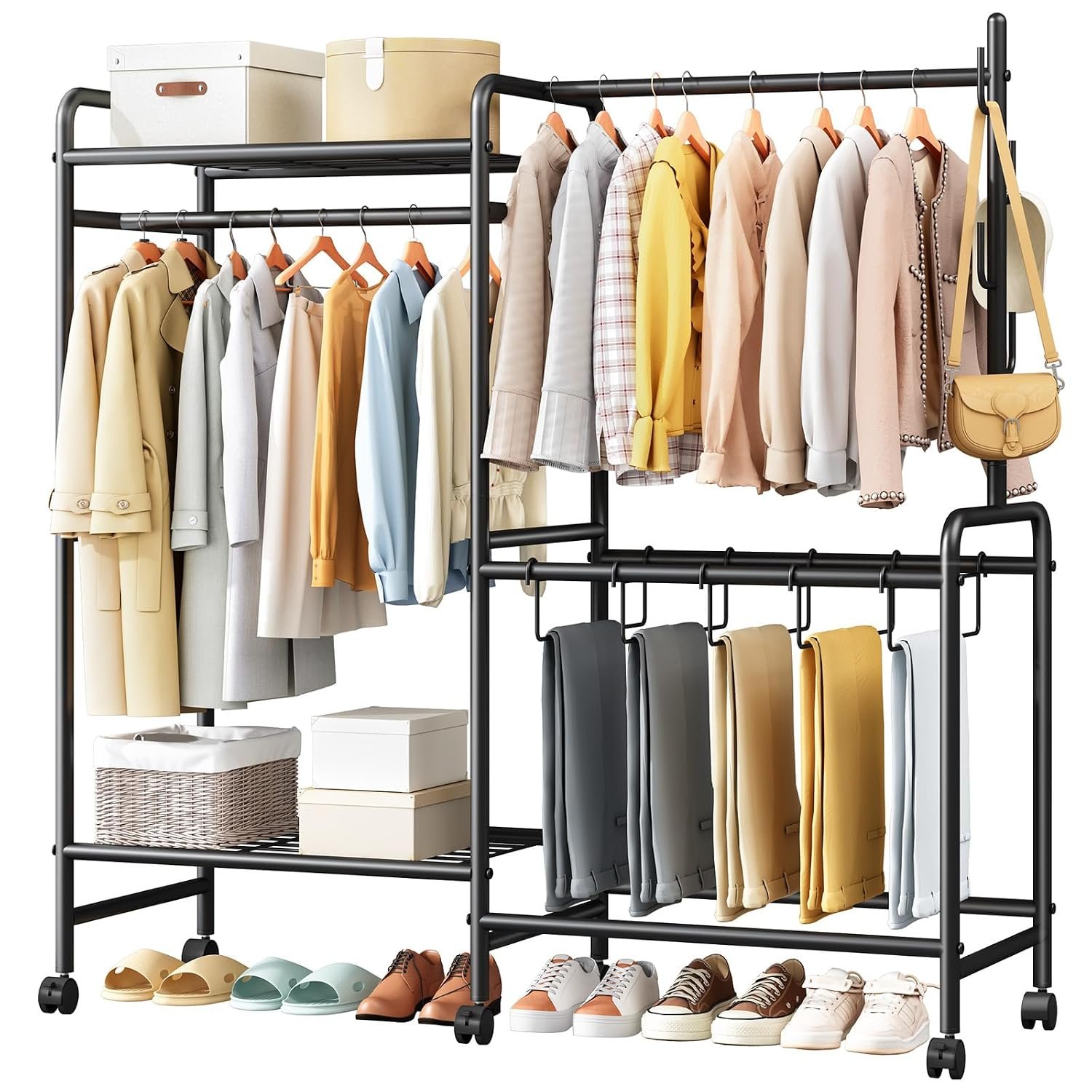 Casavibe Heavy Duty Clothes Rail with Wheels, 125KG Metal Clothing Rack with Trouser Rack, Top Shelf, 4 Hooks & 5 Trouser Hangers, Sturdy Wardrobe Clothes Rail for Bedroom Hallway Shop, Black