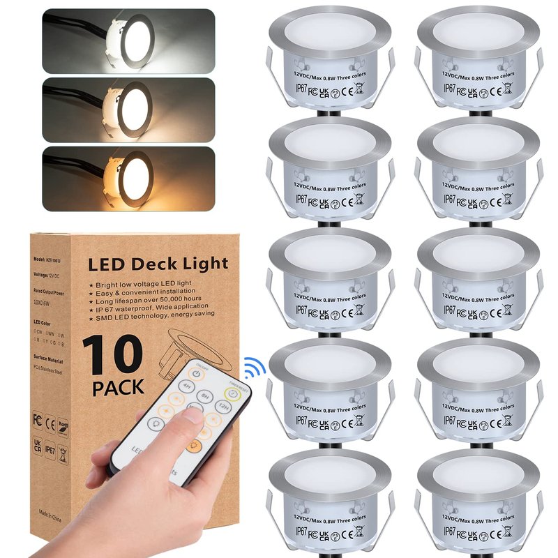HIBOITEC 10Pcs 3 Color Decking Lights with Remote Control, Dimmable Low Voltage Kitchen Plinth Lights, IP67 Waterproof Deck Lighting Mains Powered for Patio Garden Terrace Path