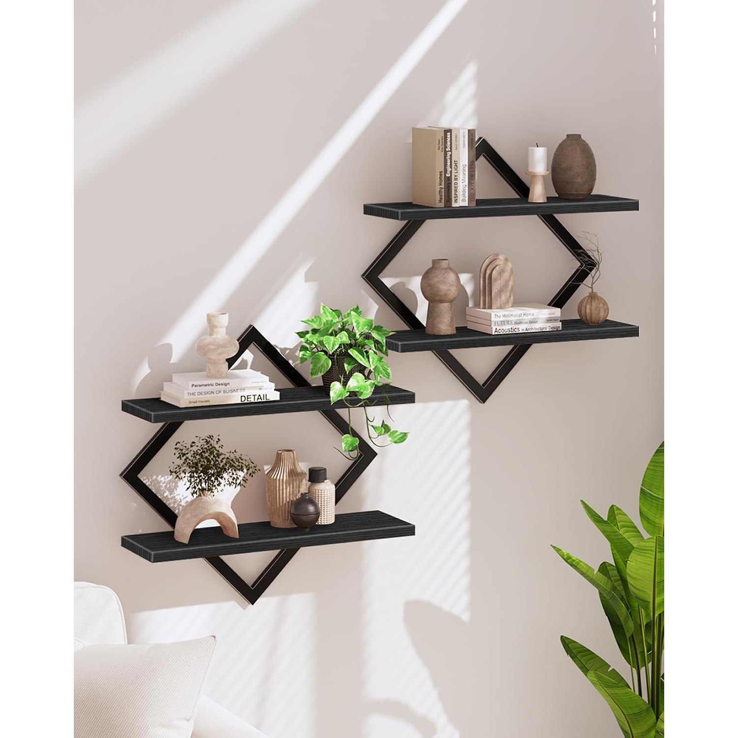 CHOEZON Floating Shelves, Set of 2 Wall Shelves, 2-Tier Hanging Shelves, Wall Shelf Set of 2, Wall Mounted Shelves, for Living Room, Bedroom, Kitchen, Office, Study, Black DTBJ01P2BB