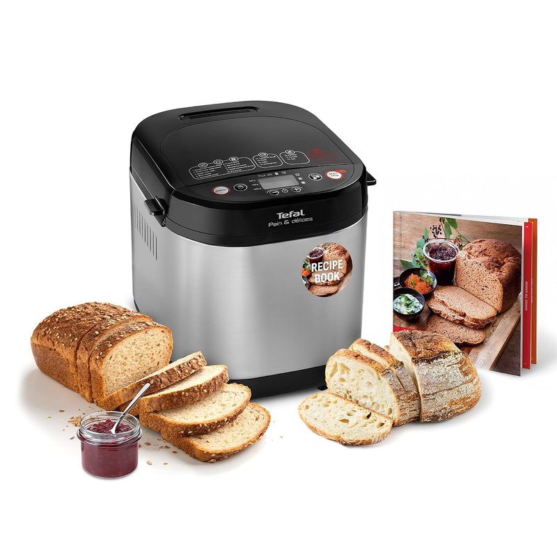 Tefal Breadmaker with Yoghurt Pot Accessory, 15 Hours Delay Start, Kitchen, 20 Auto Programs, Gluten-Free, Sourdough, Pizza Dough, Porridge, Brioche, Crust Settings, PF240E40, Black & Stainless Steel