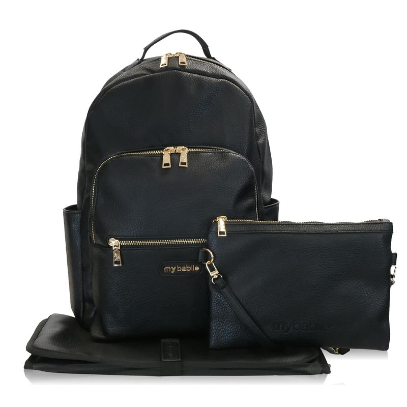 My Babiie Backpack Pro Changing Bag - 2 Insulated Bottle Holders, Clutch Bag, Portable Changing Mat, Stroller Clips, Baby Travel Bag, Nappy Back Pack, Vegan Leather - Black & Gold