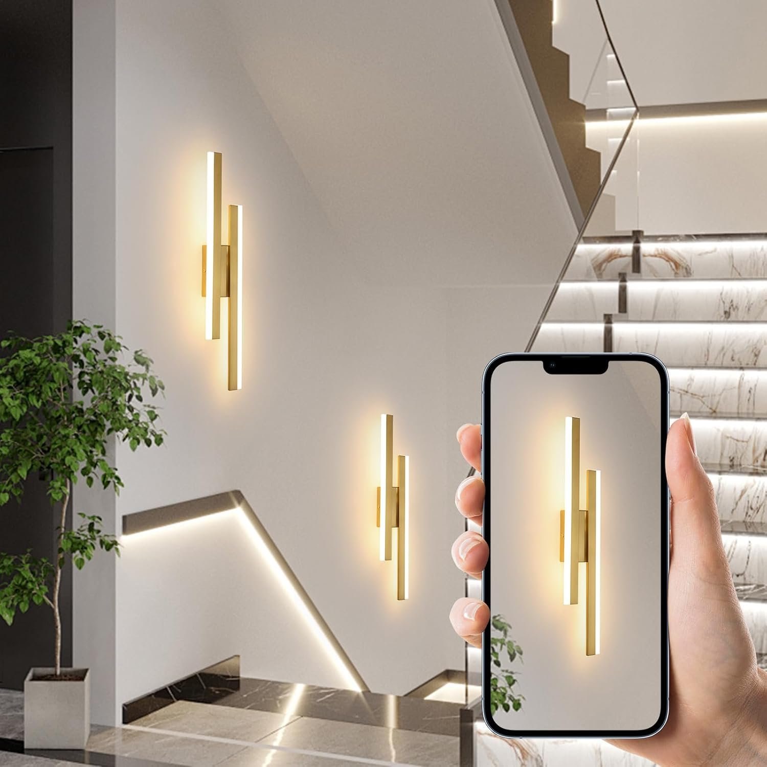 DELIPOP Indoor Wall Lights Gold, 3 Lighting Colours Modern LED Wall Sconce Lights 16W 1800LM for Living Room Bedroom Corridor Stairs Hallway, 3000K/4500K/6500K
