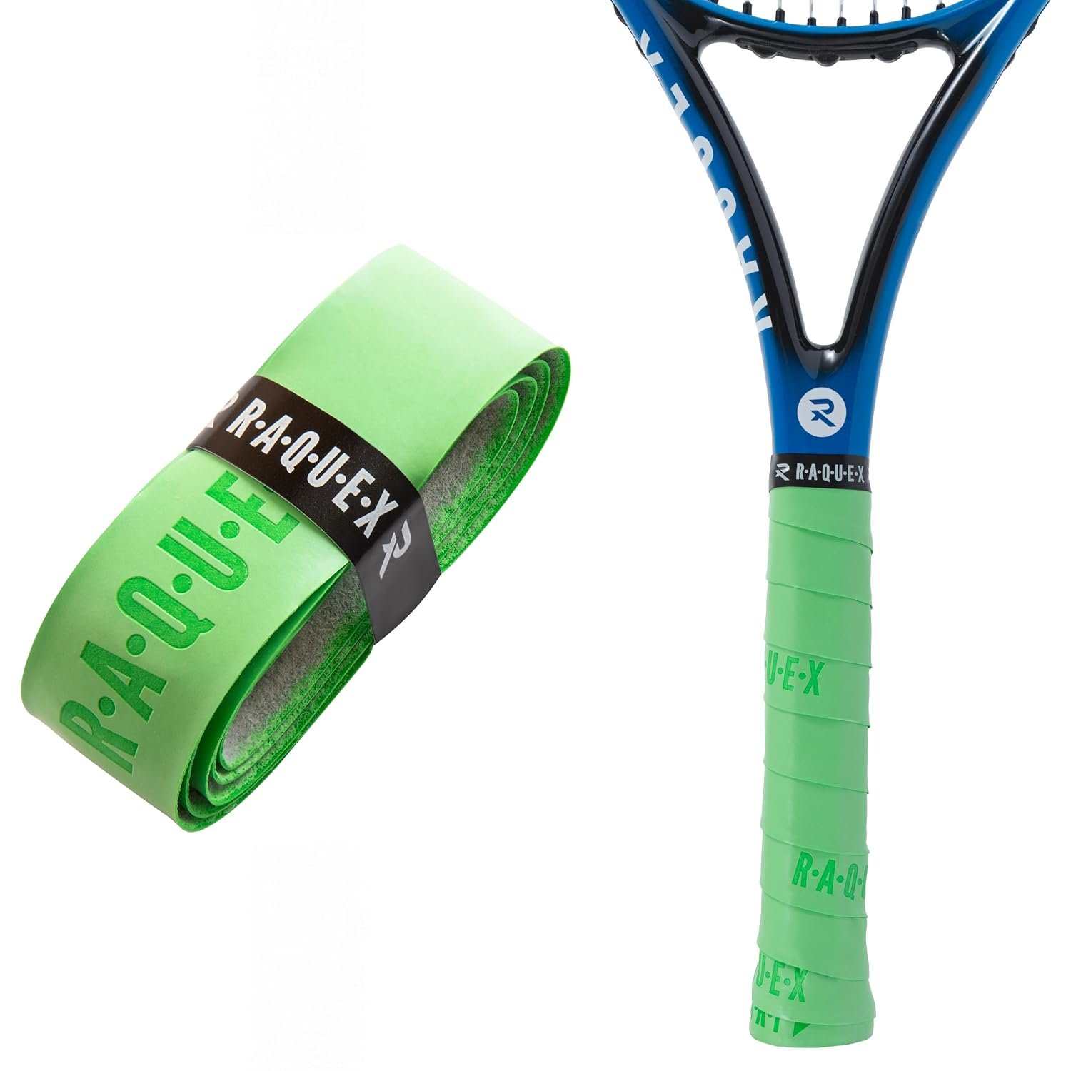 Raquex Enhance Replacement Racket Grip: Tennis Grip, Badminton, Squash Grip Tape, Padel, Pickleball. 14 Colours. Premium, Self-Adhesive Tennis Racquet Grip with Finishing Tape (Light Green, 30 Grips)