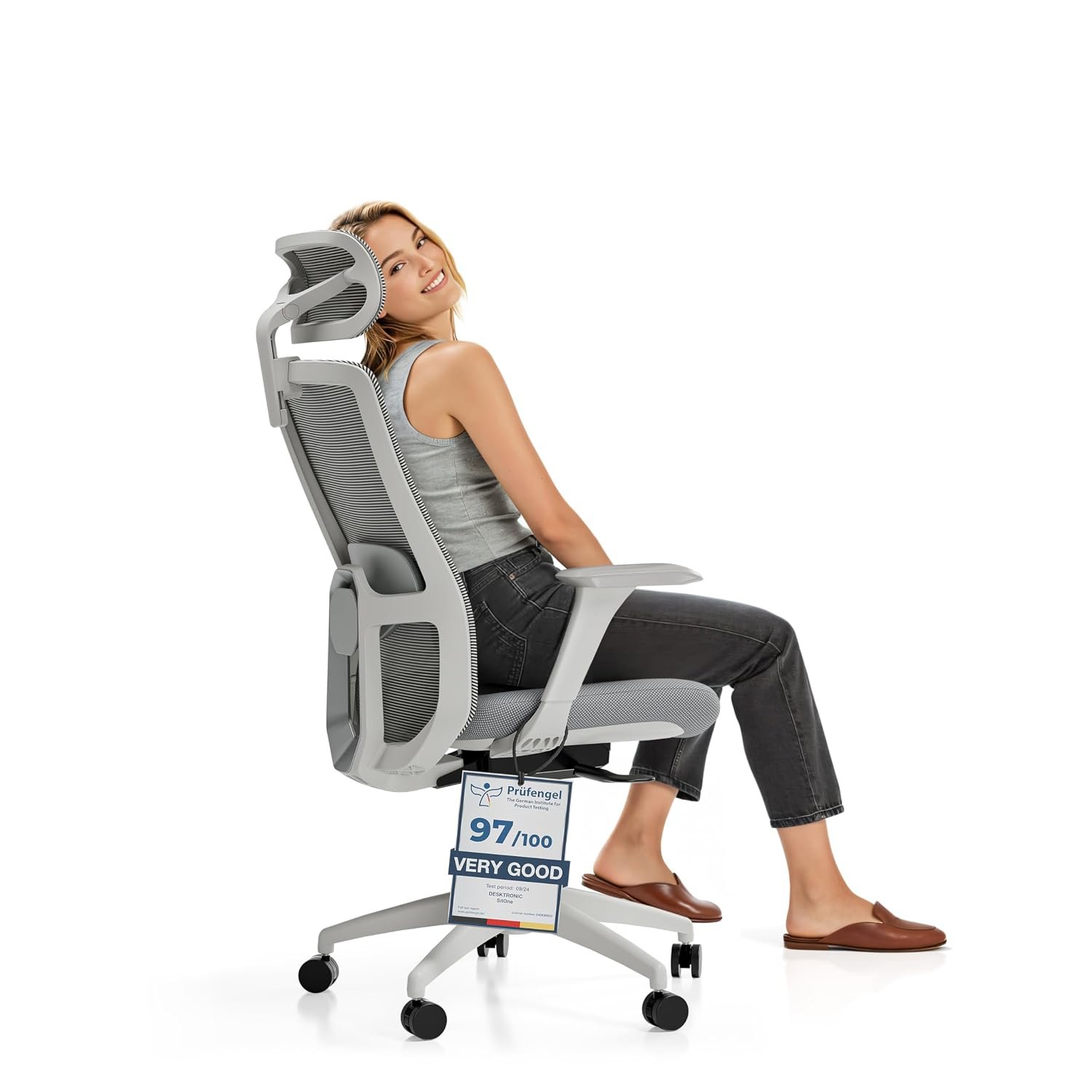 Desktronic Adjustable Ergonomic Office Chair | Desk Chair with headrest, armrests, lumbar support, height adjustments - Designed for European body - Breathable Mesh - Spacious seating SitOne (Gray)