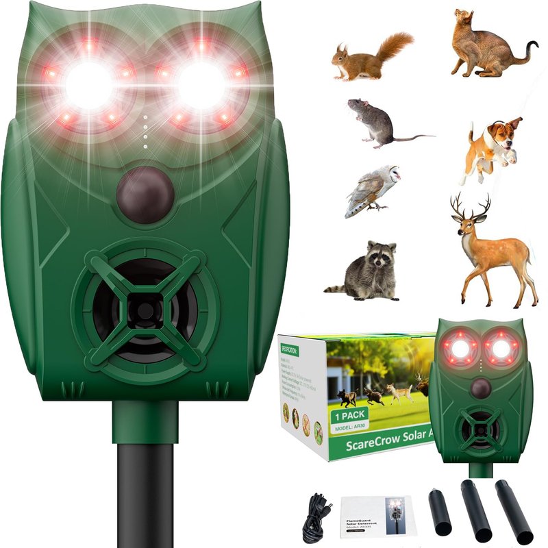 VxoDhuuo Cat Repellent, Cat Repellent Deterrent for Gardens UK, Animal Scarer Ultrasonic with Flame Flashing Light Alarm & PIR Sensor 5 Adjustment Modes, IP65 Waterproof Solar USB Charging for Cat Fox
