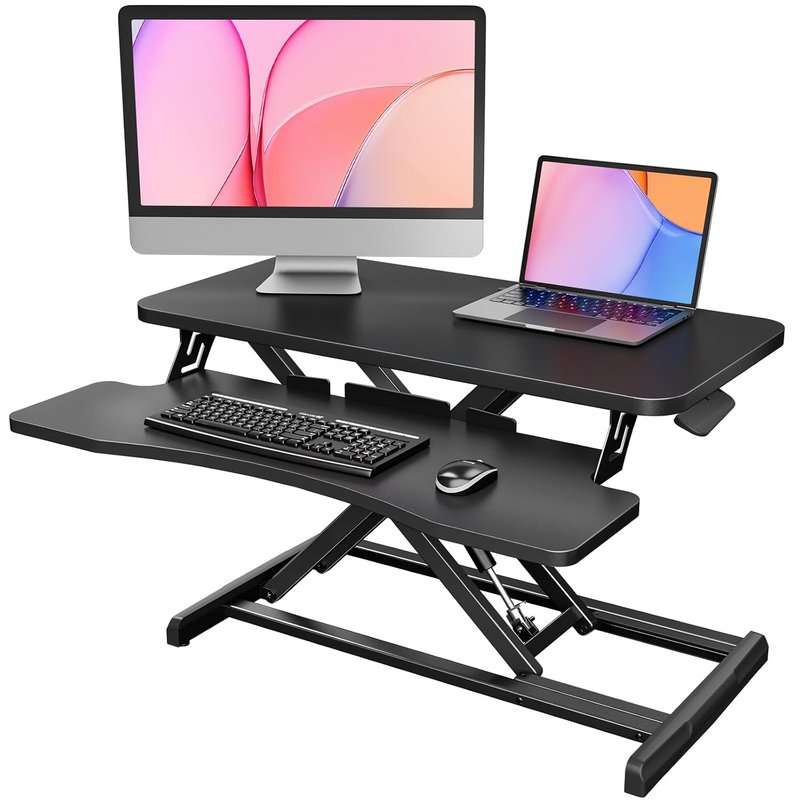 HUANUO Standing Desk Converter, 80cm/32'' Height Adjustable Desk Riser with LARGE Keyboard Tray, Sit Stand Desk Riser for Dual Monitor with Smooth Pneumatic Lift System, Computer Workstation