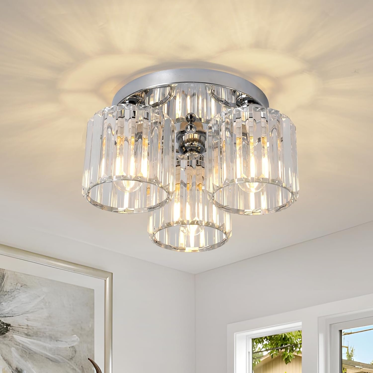 ZYDTRIP Crystal Chandeliers Ceiling Light, 3-Lights Crystal Lights Living Room, Modern Chrome Semi Flush Ceiling Light Fittings for Bedroom, Hallway, Bathroom, Foyer, Kitchen Light Fixture