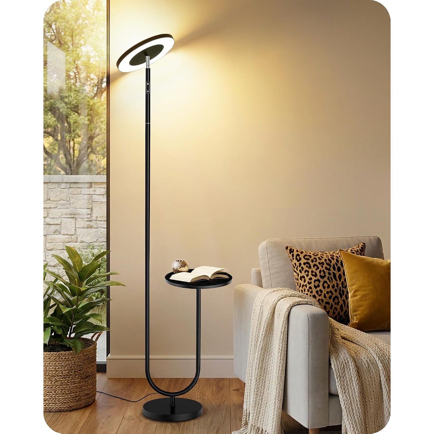 GOEBLESON LED Uplighter Floor Lamp with Side Shelf, Dual Light Dimmable Standing Lamp with Remote, 3 Colour Temperatures, 22W Uplight & 7W Reading Light, Modern Lamp for Living Room ZB24LDK05