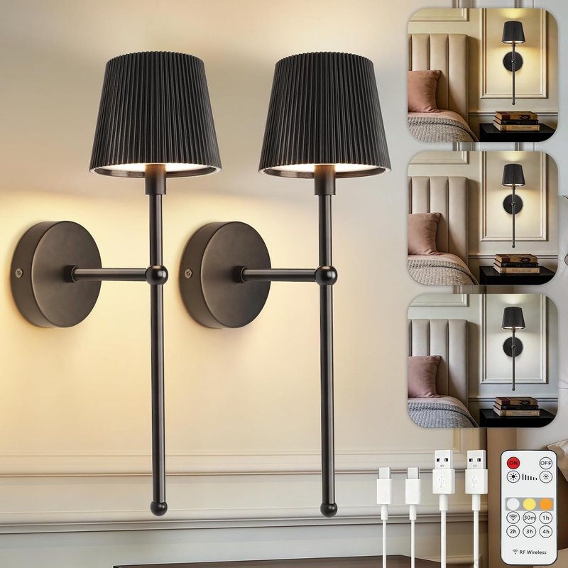 TaoFiaCo Black Rechargeable Wall Light with Remote Control - Retro Battery Operated Wall Lights Indoor for Living Room Bedroom - 3 Color Temperatures Wireless Wall Sconces - Striped Lampshade 2 Pack