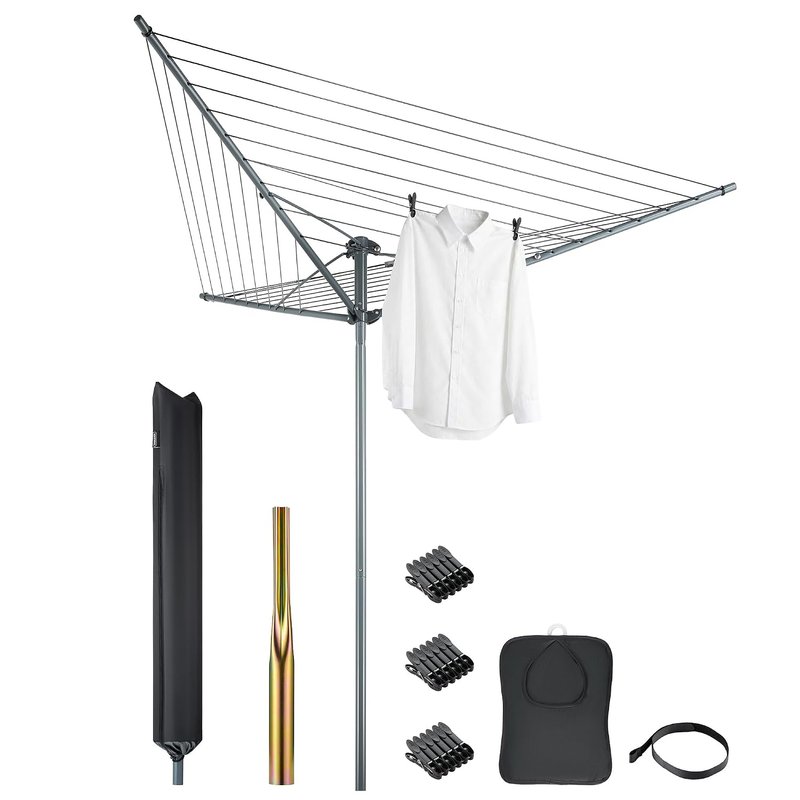 VonHaus 30m Rotary Washing Line – 3 Arm Outdoor Clothes Airer with Collapsible Umbrella System, 360° Rotary Airer, Line Tension Adjustment, 35mm Metal Ground Spike, Non-Slip Clothesline, Weatherproof