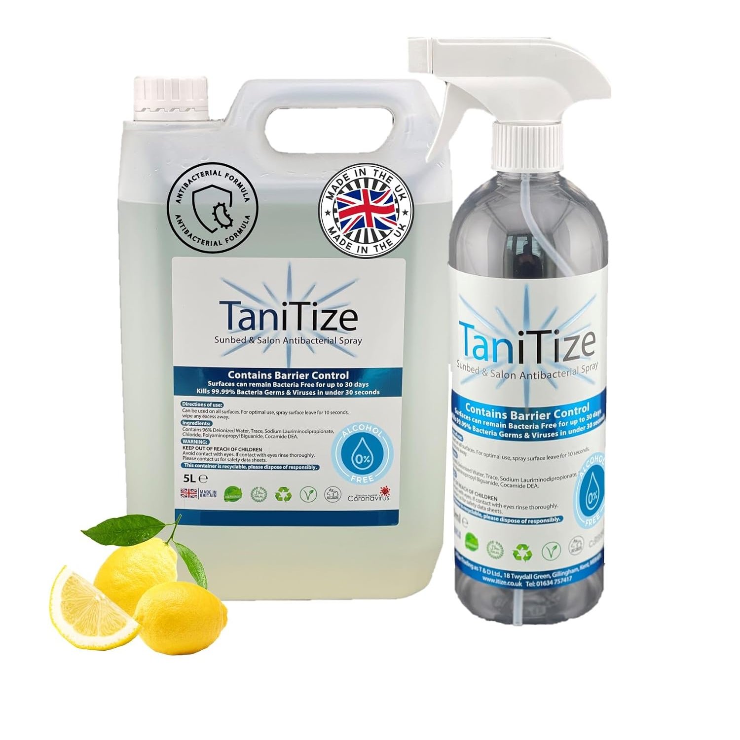 TaniTize Sunbed Sanitiser & Salon Cleaner Spray, Alcohol Free, Multi Purpose, Kills 99.99% Bacteria, Contains Barrier Control Technology. (5ltr Tub) + 750ml Trigger Bottle (empty)