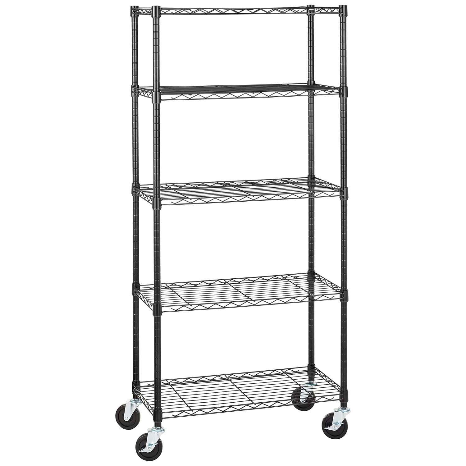 Amazon Basics 5-Shelf Medium Storage Unit on 4-inch Casters with Height Adjustable Shelves and Levelling Feet - 680kg Max Weight, Black, 76.2 cm D x 35.6 cm W x 164.5 cm H