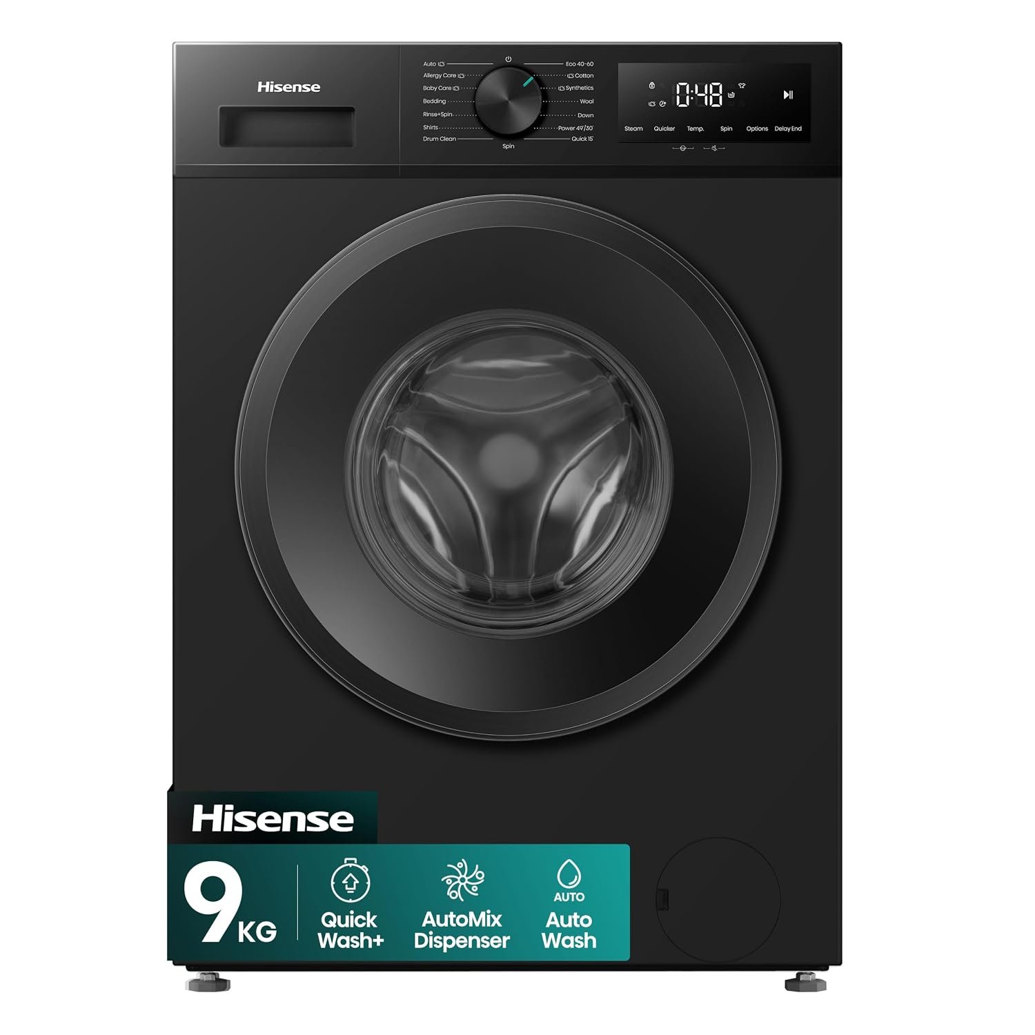 Hisense WF1I9042BBP 9kg Freestanding Washing Machine, 1400rpm Spin Speed, A Rated Energy, Steam Function, Inverter Motor, 15 Programmes, Black