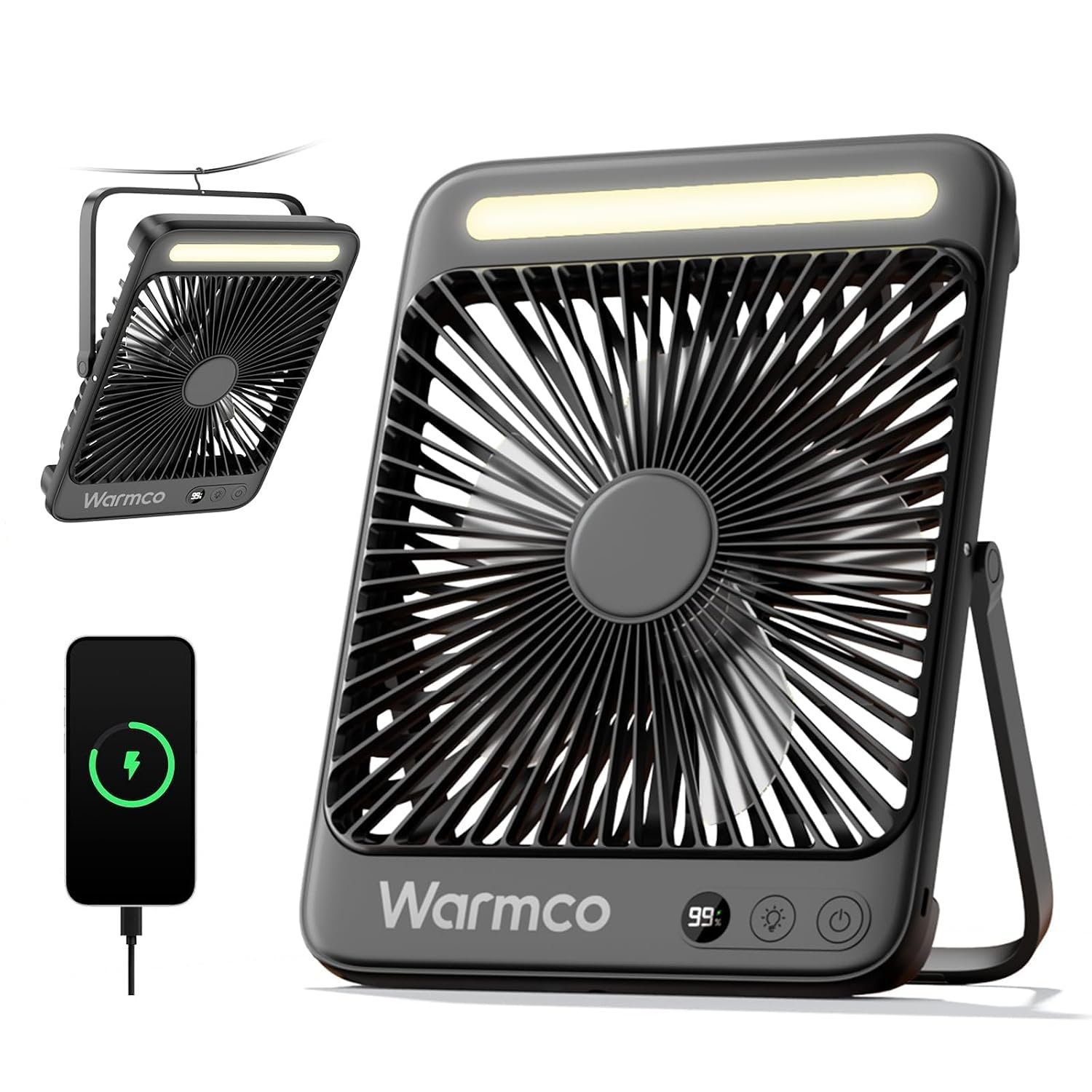 Warmco 20000mAh Battery Powered Fan 27cm, Ultra-Slim Portable Camping Fan with LED Lantern, Up to 48H Runtime Rechargeable Desk Fans for Bedroom, Outdoor, Tent, Travel, Cruise Essentials