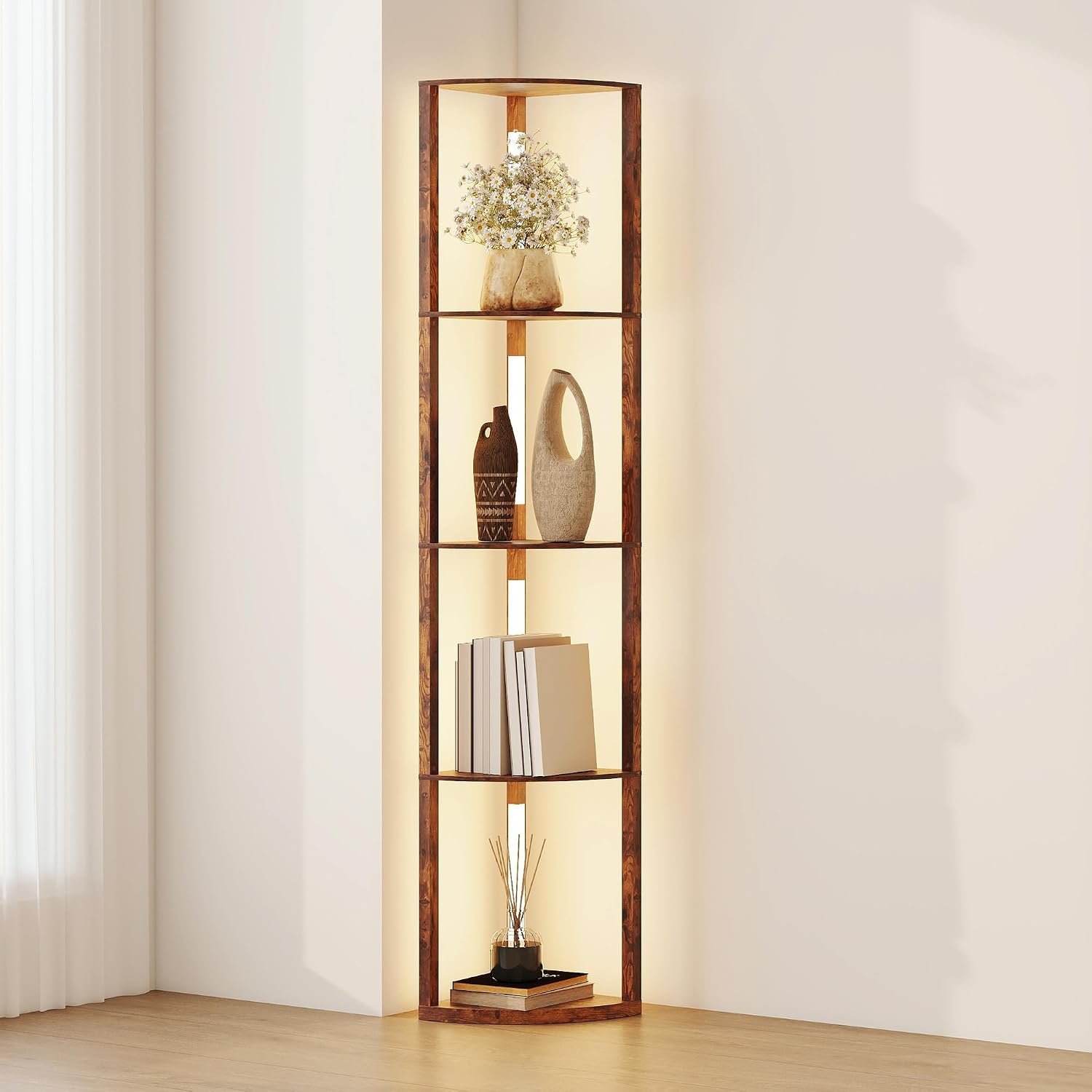 HOMCOM LED Floor Lamp with Shelves, 4 Layers Dimmable Modern Standing Lamp with 3 Brightness Levels and Foot Switch for Living Room, Bedroom, Office, Rustic Brown