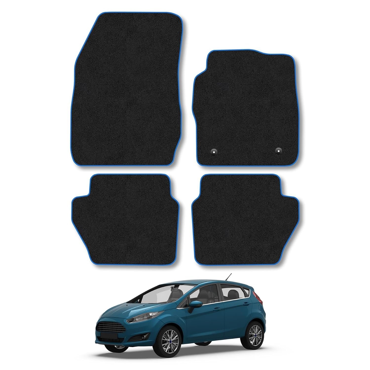 Ford Fiesta (2011-2017) Car Mats Accessories Tailored Fit Carpet Floor Mats Non Slip Blue Trim Full Coverage Compatible Accessory Granulated Backing Front Rear Set Anti Slip Hand-Finished Clips