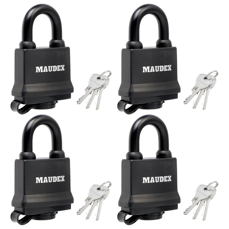 Maudex® IP450 Heavy Duty Padlocks 4-Pack with 12 Keys - Outdoor Weatherproof, Tough Steel Shackle, Durable Rubber Ring with PVC Cover for Gate, Shed, Garage, Fence