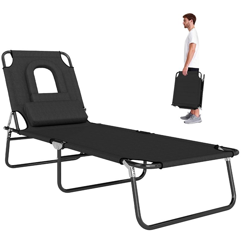 Outsunny Folding Sun Lounger with Face Hole, 4-Position Adjustable Backrest Garden Recliner Chair Sunbed, Outdoor Lounge Chair with 600 D Oxford Cloth Seat, Pillow for Beach, Black